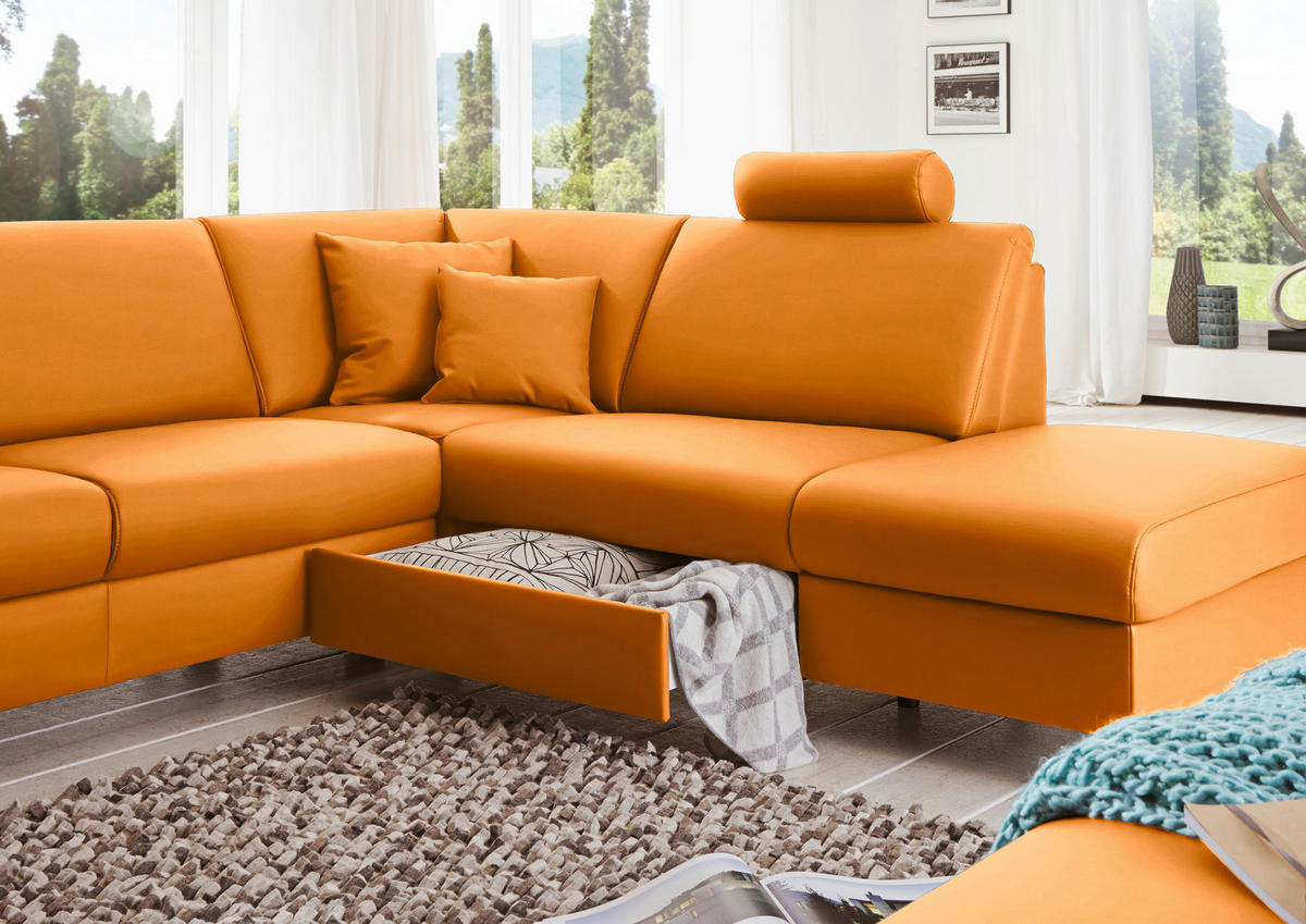 WOHNLANDSCHAFT in Echtleder Orange  - Alufarben/Orange, Design, Leder/Metall (165/339/233cm) - Beldomo Premium