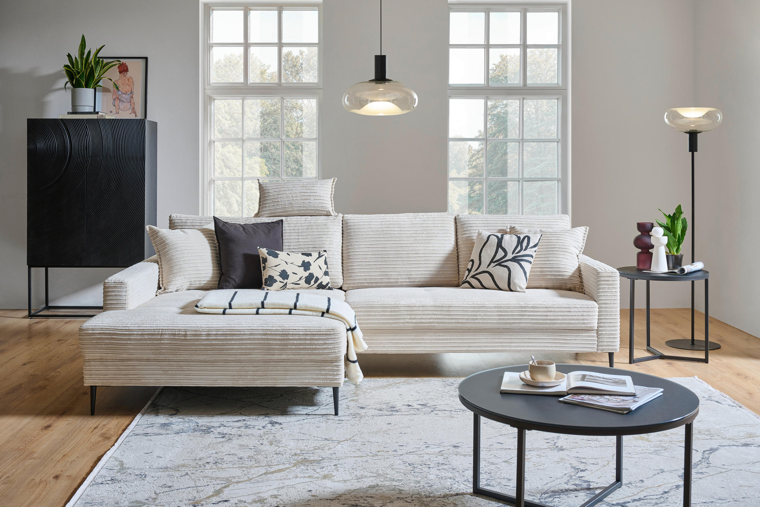 ECKSOFA Creme Cord  - Creme/Schwarz, KONVENTIONELL, Textil/Metall (173/276cm) - Carryhome