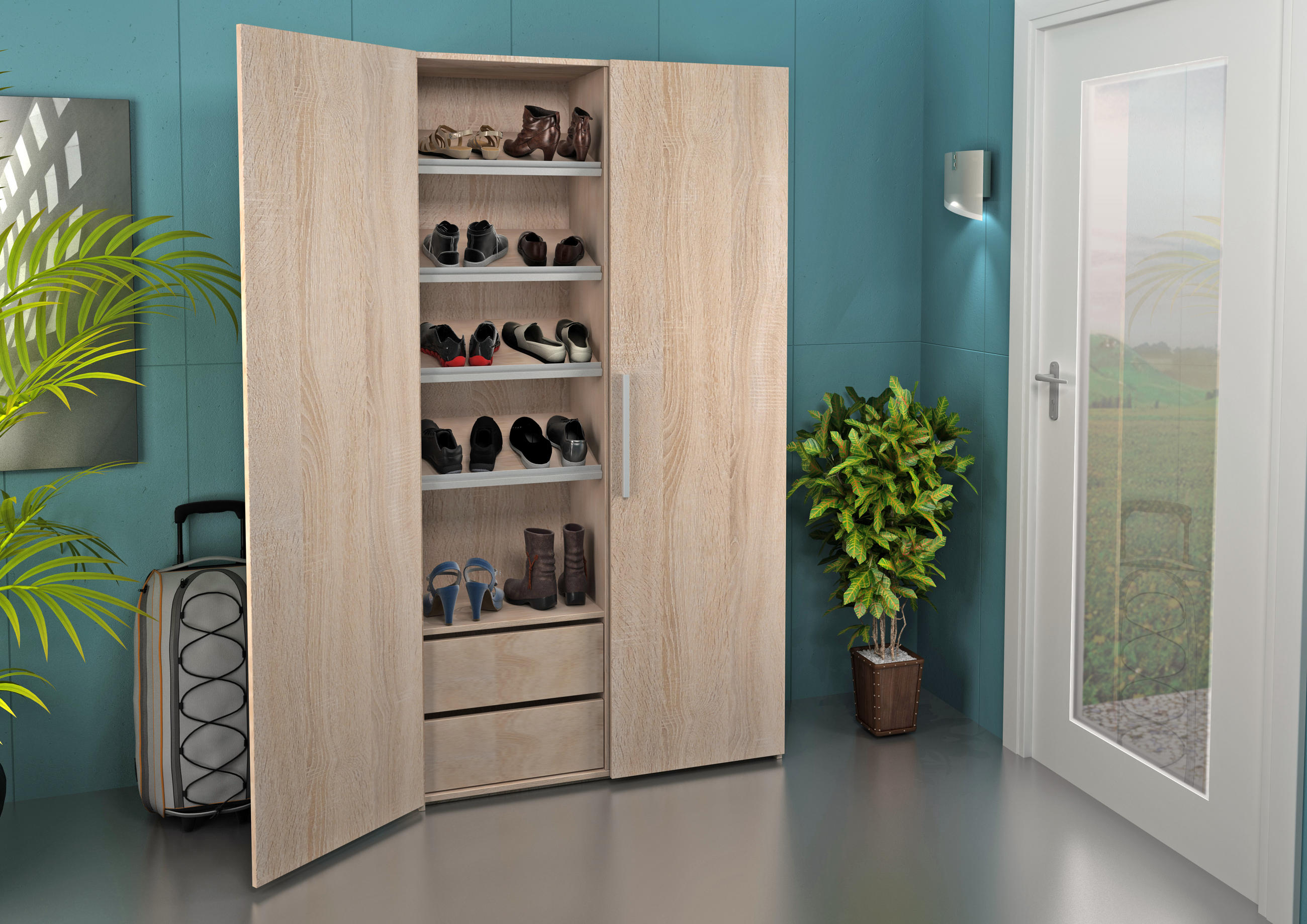 OMARA ZA ČEVLJE hrast sonoma - barve aluminija/hrast sonoma, Design, kovina/leseni material (100/190/37cm) - Boxxx
