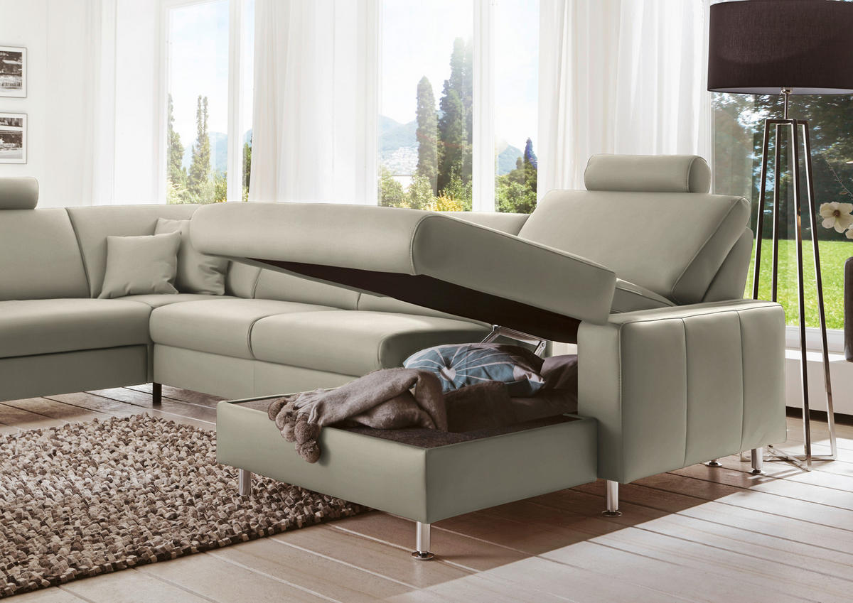 WOHNLANDSCHAFT in Echtleder Platinfarben  - Platinfarben/Alufarben, Design, Leder/Metall (233/339/165cm) - Beldomo Premium