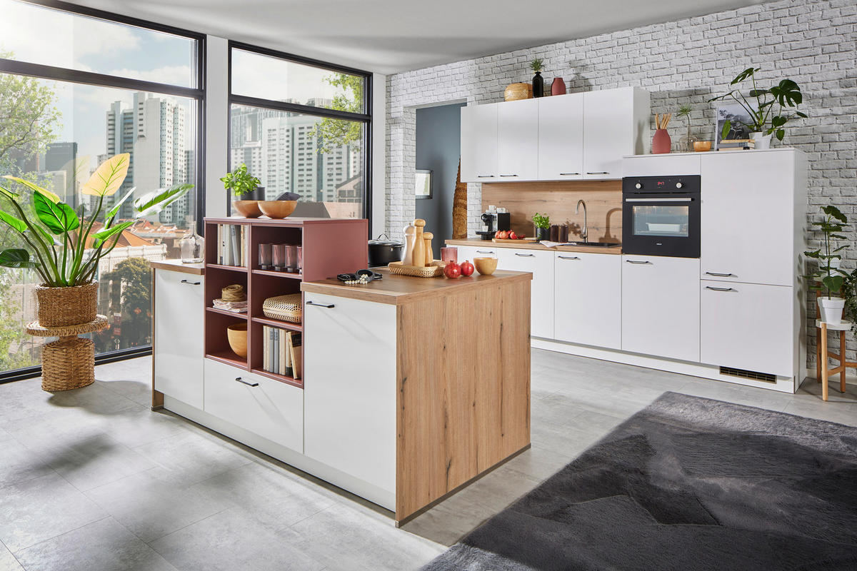 KÜCHENLEERBLOCK 300 cm   in Rot, Weiß, Eichefarben  - Eichefarben/Rot, KONVENTIONELL, Holzwerkstoff/Metall (300cm) - Express