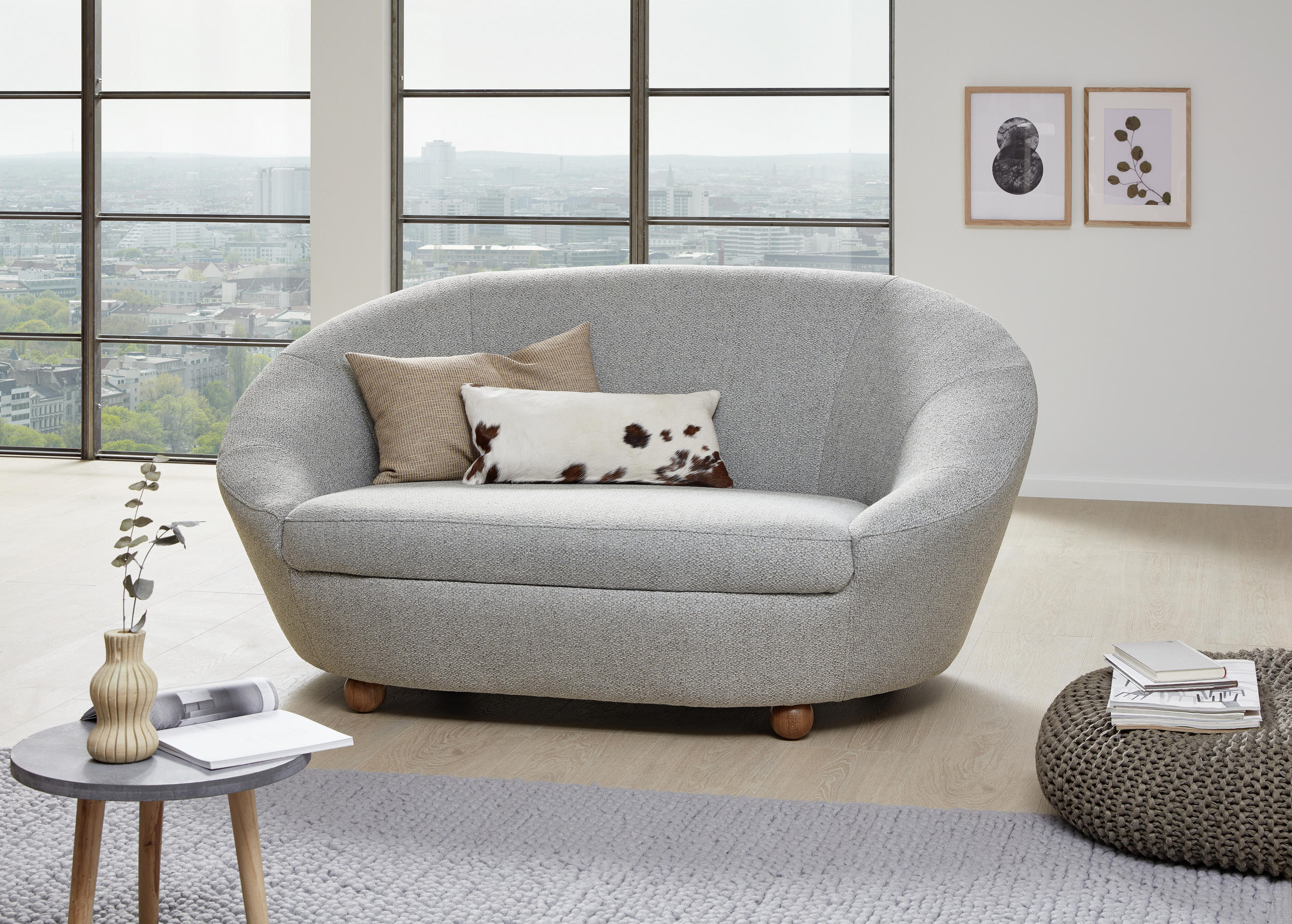 2-SITZER-SOFA Webstoff Grau, Hellblau  - Eichefarben/Grau, Design, Holz/Textil (178/82/114cm) - LOOKS by W.Joop