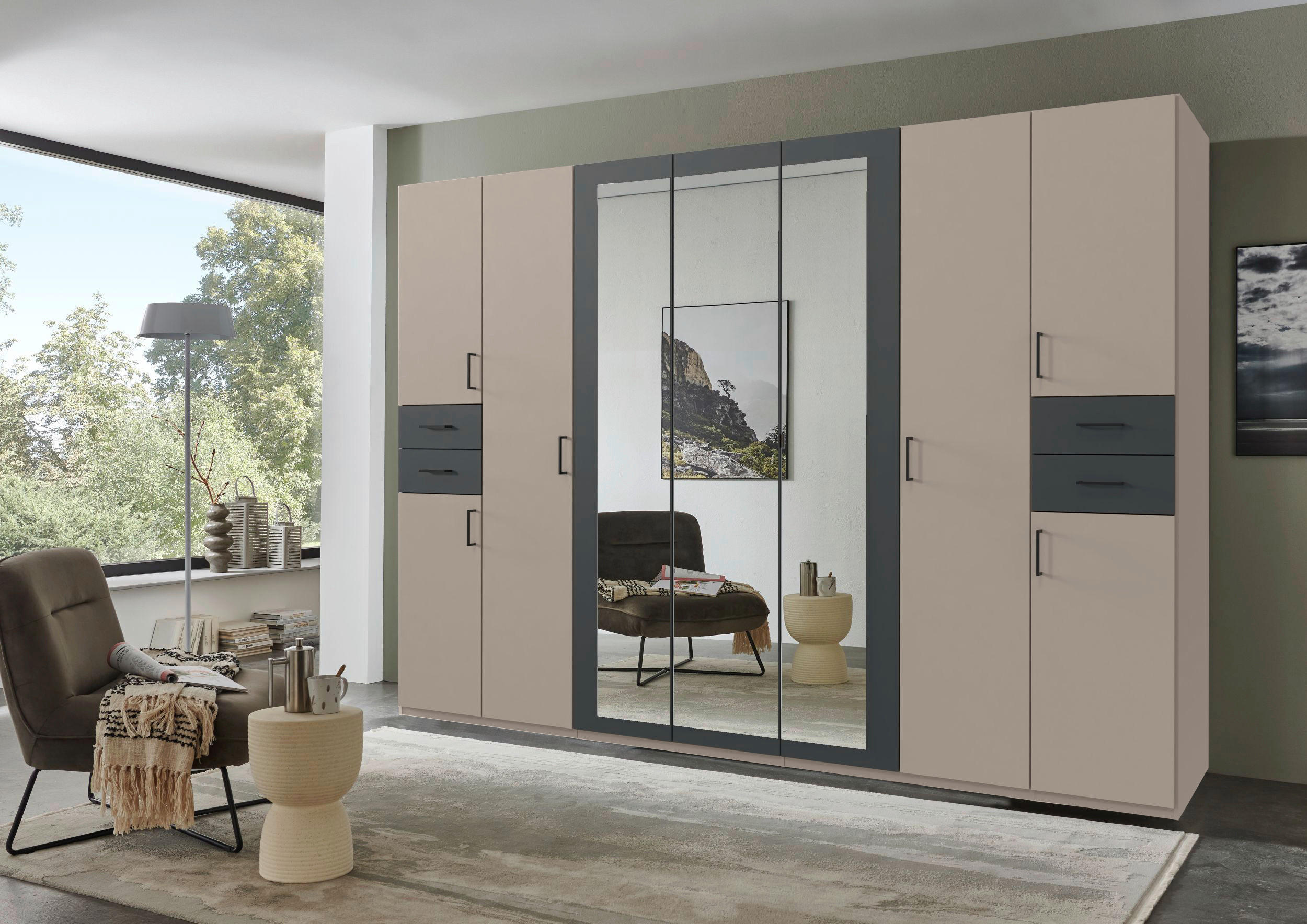 DREHTÜRENSCHRANK 313/208/58 cm 9-türig Graphitfarben, Grau, Sahara  - Graphitfarben/Schwarz, Basics, Glas/Holzwerkstoff (313/208/58cm) - MID.YOU