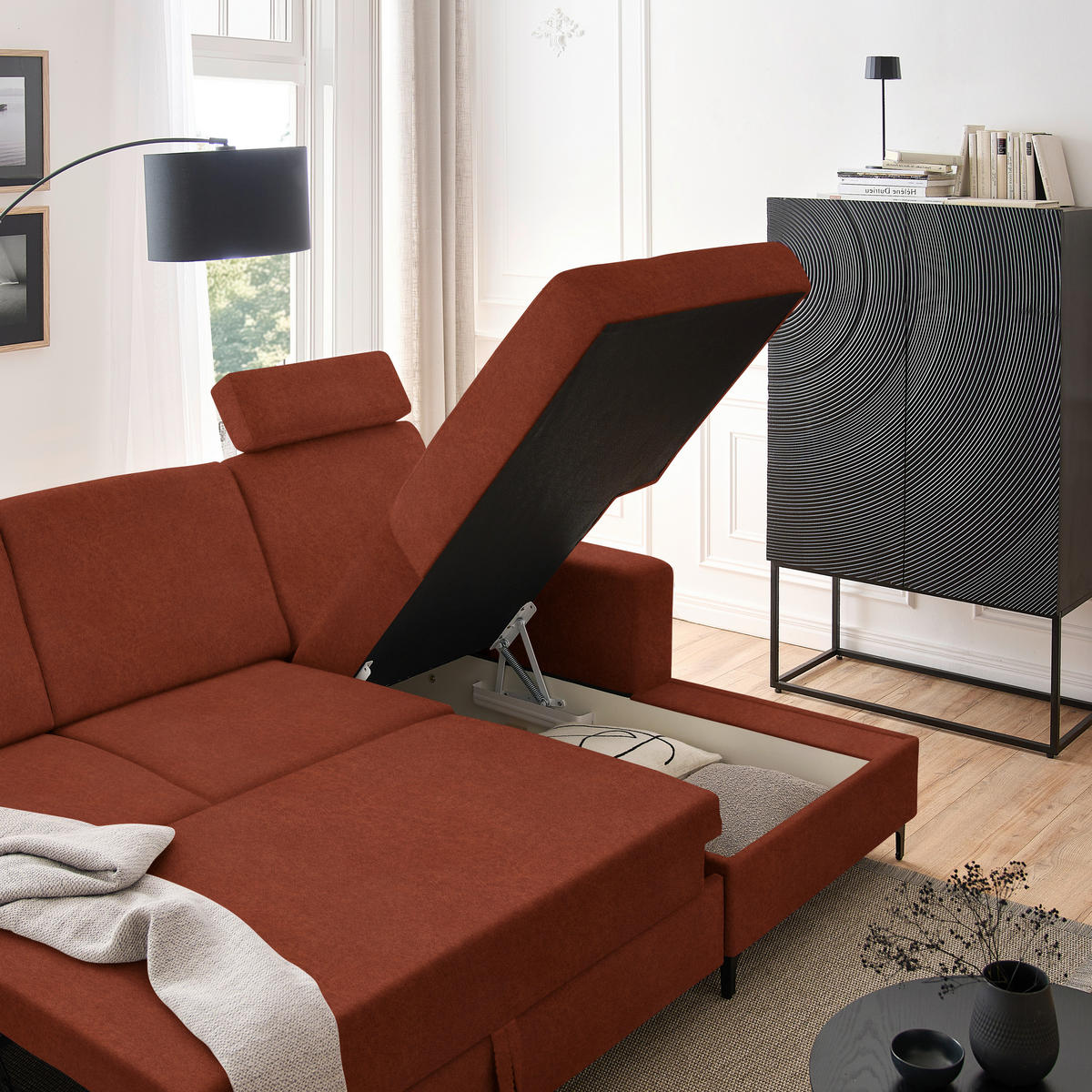 ECKSOFA in Velours Rostfarben  - Rostfarben/Schwarz, Konventionell, Textil/Metall (247/167cm) - Stylife