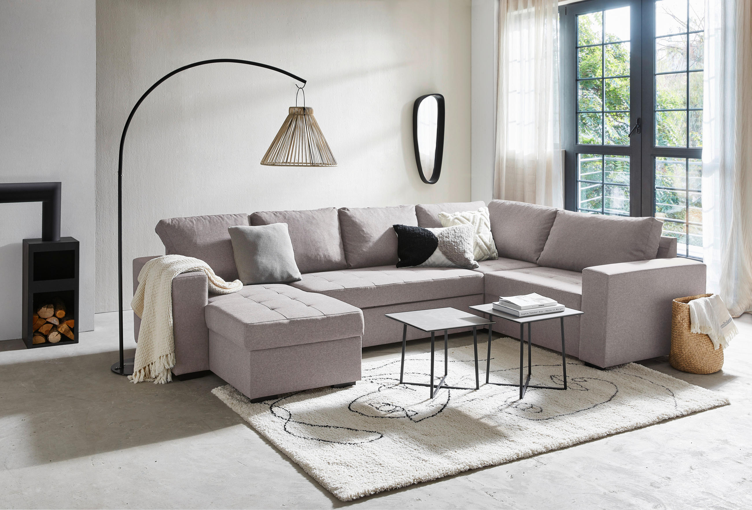 WOHNLANDSCHAFT Beige Webstoff  - Beige/Schwarz, KONVENTIONELL, Kunststoff/Textil (207/313/157cm) - Ti'me