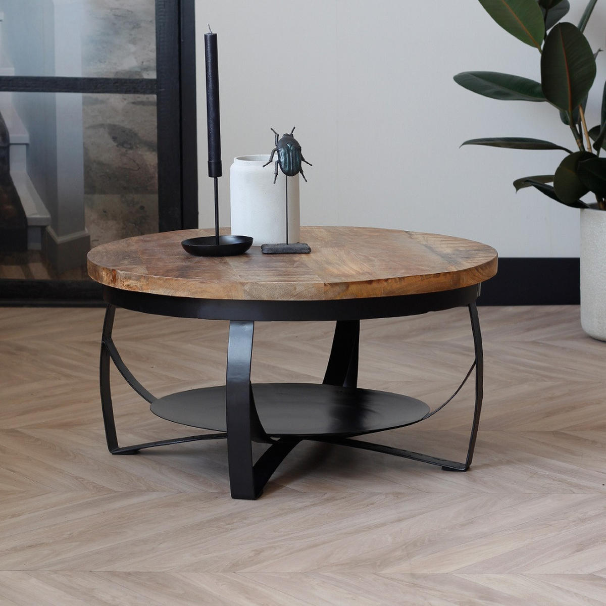 COUCHTISCH Mangoholz massiv 70/70/35 cm rund Braun  - Schwarz/Braun, LIFESTYLE, Holz/Metall (70/70/35cm) - MID.YOU
