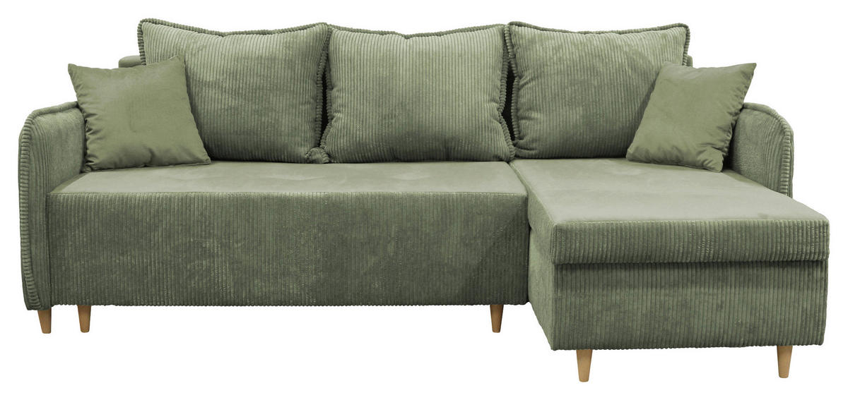 ECKSOFA TEDDY Mintgrün Cord, Bouclé Zierkissen, Rückenkissen, Bettkasten  - Naturfarben/Mintgrün, Design, Holz/Textil (215/142cm) - MID.YOU