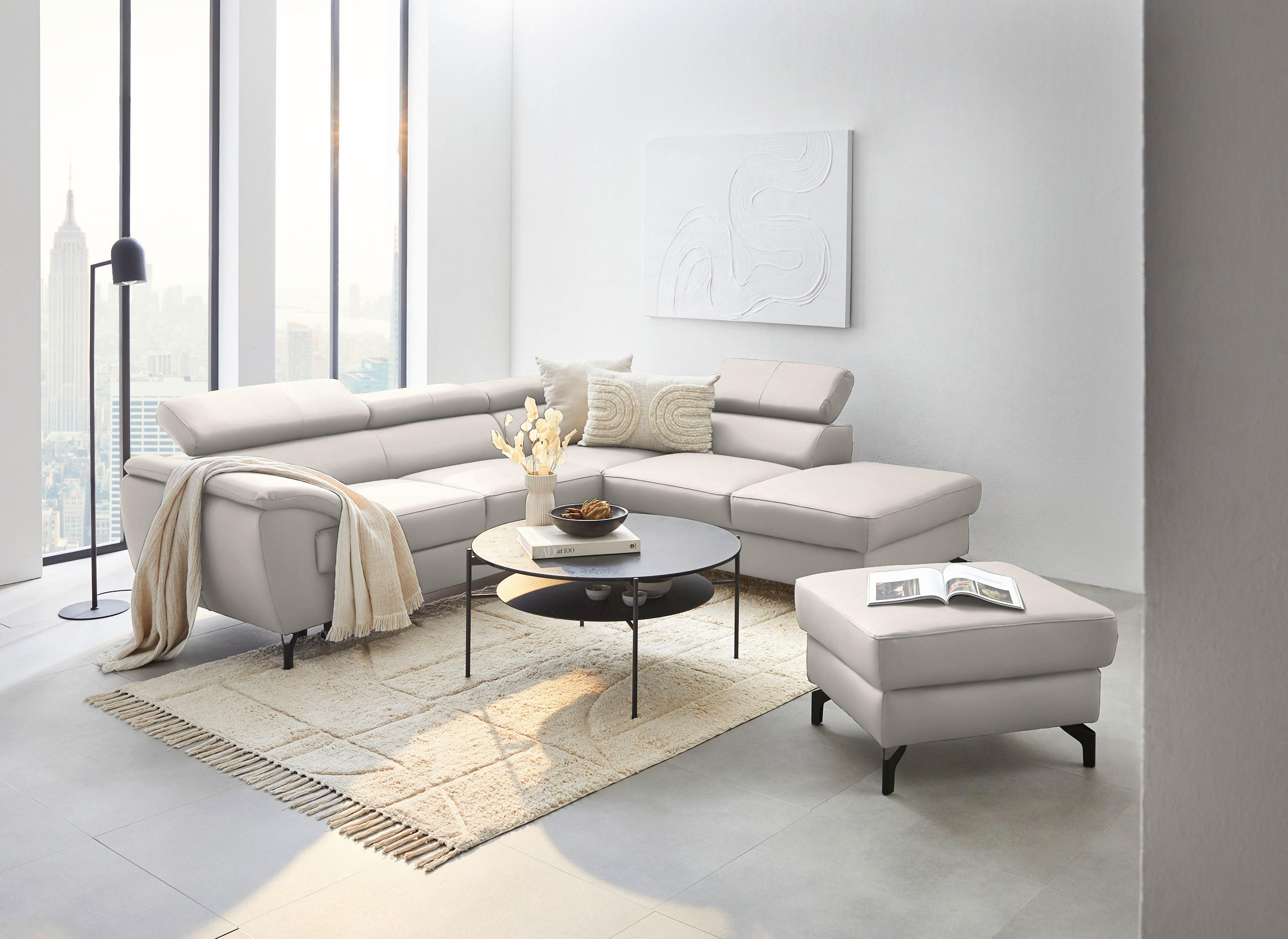 ECKSOFA in Lederlook Kombination Echtleder/Lederlook Ecru  - Ecru/Schwarz, Design, Leder/Textil (256/220cm) - Celina Home