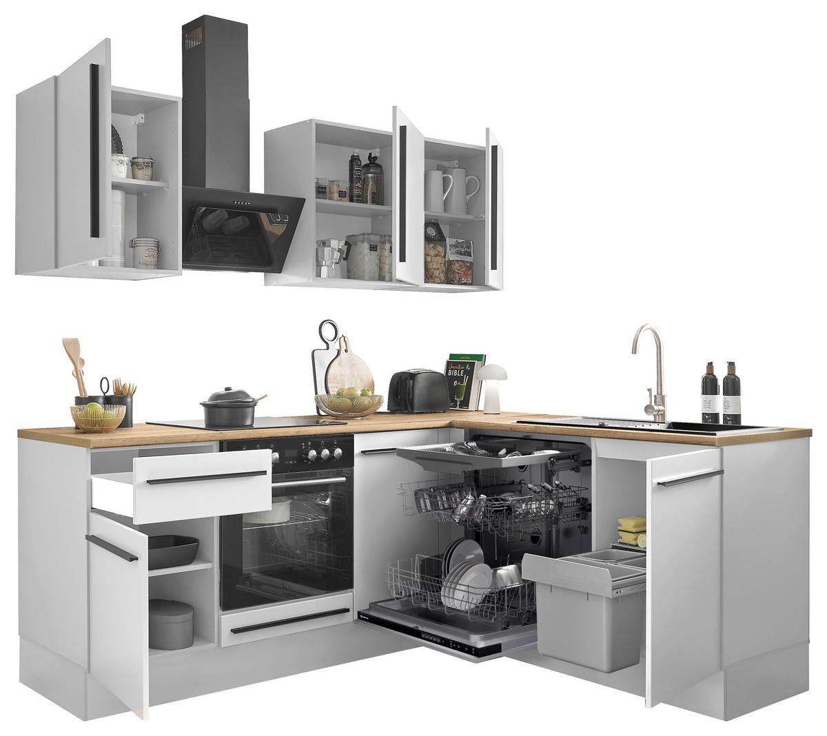 ECKKÜCHE 220/175 cm  in Weiß, Eichefarben  - Eichefarben/Schwarz, Design, Holzwerkstoff/Kunststoff (220/175cm) - MID.YOU