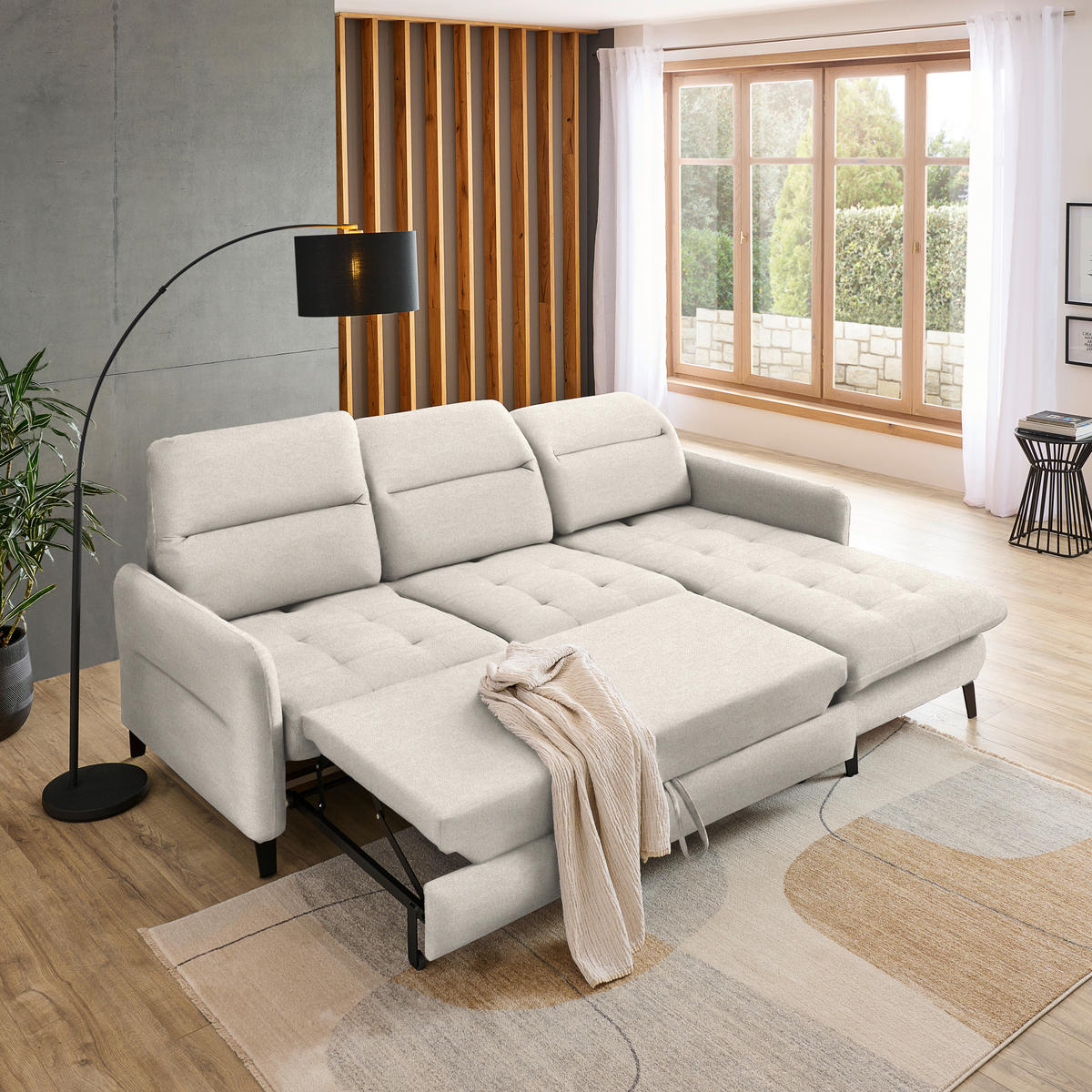 ECKSOFA Creme Plüsch  - Creme/Schwarz, KONVENTIONELL, Textil/Metall (254/190cm) - Livetastic