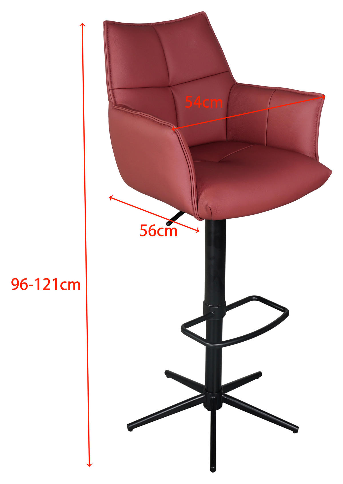 BARHOCKER Echtleder Schwarz, Weinrot Sitzfläche 360° drehbar  - Weinrot/Schwarz, Design, Leder/Metall (54/96-121/56cm) - Novel