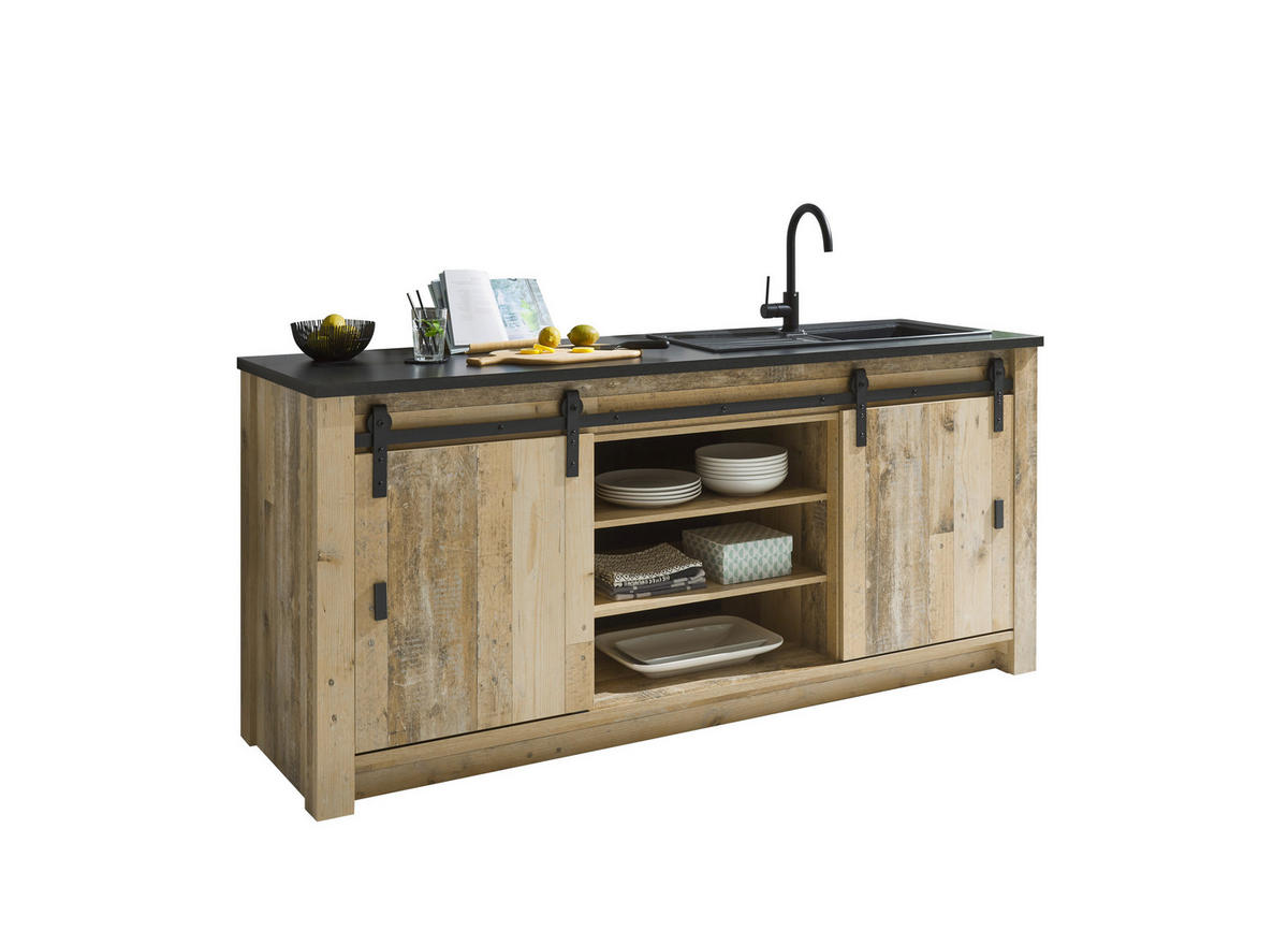 SPÜLENUNTERSCHRANK 201/93/64 cm  in Anthrazit, Naturfarben  - Anthrazit/Schwarz, Trend, Holzwerkstoff/Metall (201/93/64cm) - MID.YOU