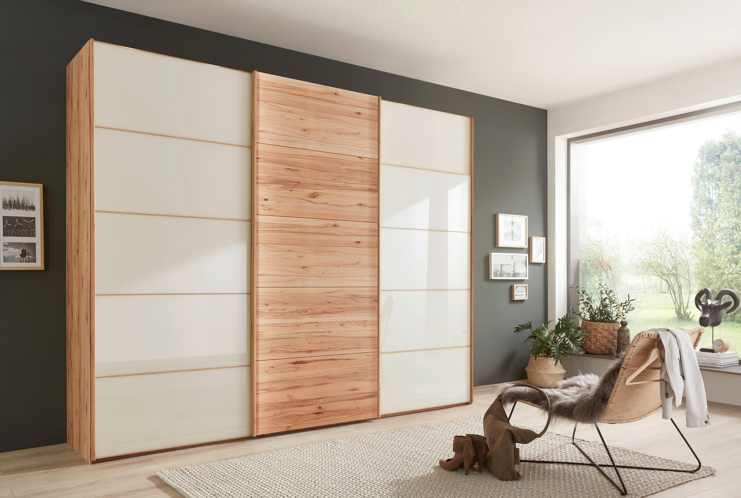 SCHWEBETÜRENSCHRANK 300/236/67 cm 3-türig Buchefarben, Champagner  - Champagner/Buchefarben, Natur, Glas/Holz (300/236/67cm) - Linea Natura