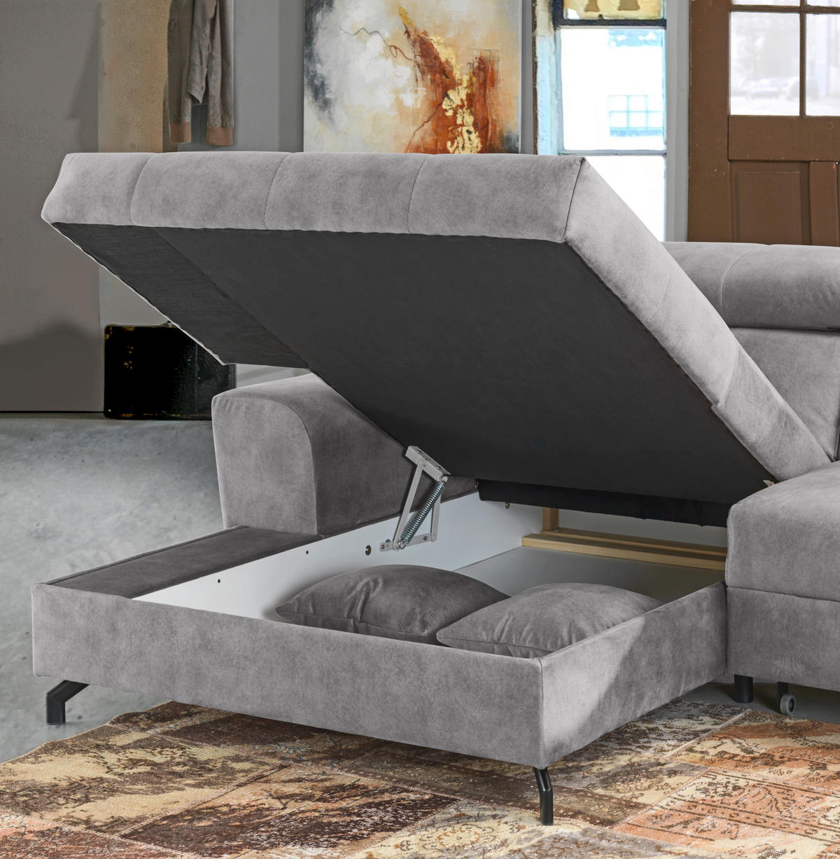ECKSOFA in Velours Hellgrau  - Hellgrau/Schwarz, Design, Textil/Metall (181/267cm) - Carryhome