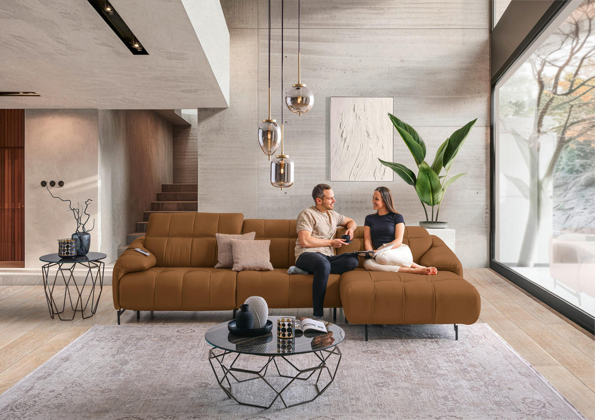 ECKSOFA in Echtleder Currygelb  313/165 cm  - Currygelb/Cognac, Design, Leder/Metall (313/165cm) - Emilio Belluti