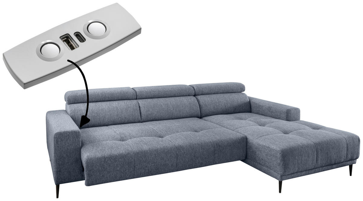 ECKSOFA Hellblau Chenille  - Schwarz/Hellblau, KONVENTIONELL, Textil/Metall (276/188cm) - Livetastic