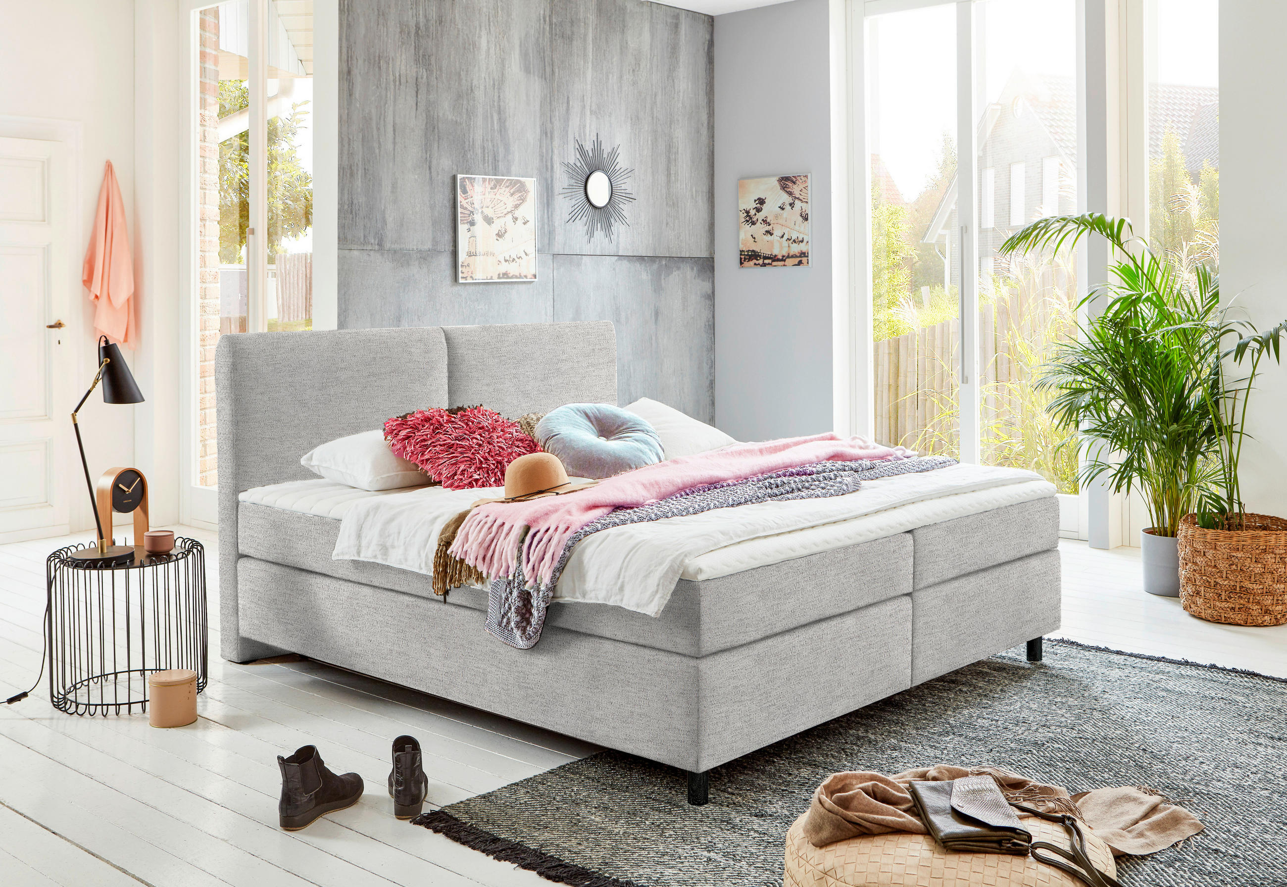BOXSPRINGBETT 160/200 cm  in Hellgrau  - Hellgrau/Schwarz, Konventionell, Kunststoff/Textil (160/200cm) - Hom`in