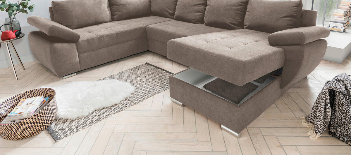 WOHNLANDSCHAFT in Mikrofaser Taupe  - Taupe/Chromfarben, Konventionell, Textil/Metall (219/305/157cm) - Livetastic