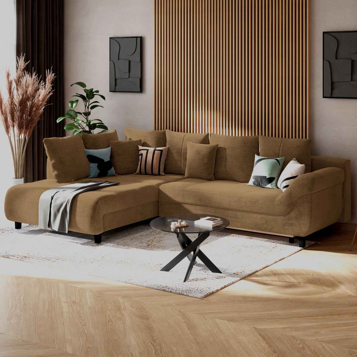 ECKSOFA MENDOZA NEW Rostfarben Chenille, Struktur Zierkissen, Rückenkissen, Bettkasten  - Rostfarben/Schwarz, KONVENTIONELL, Textil (197/309cm) - MID.YOU