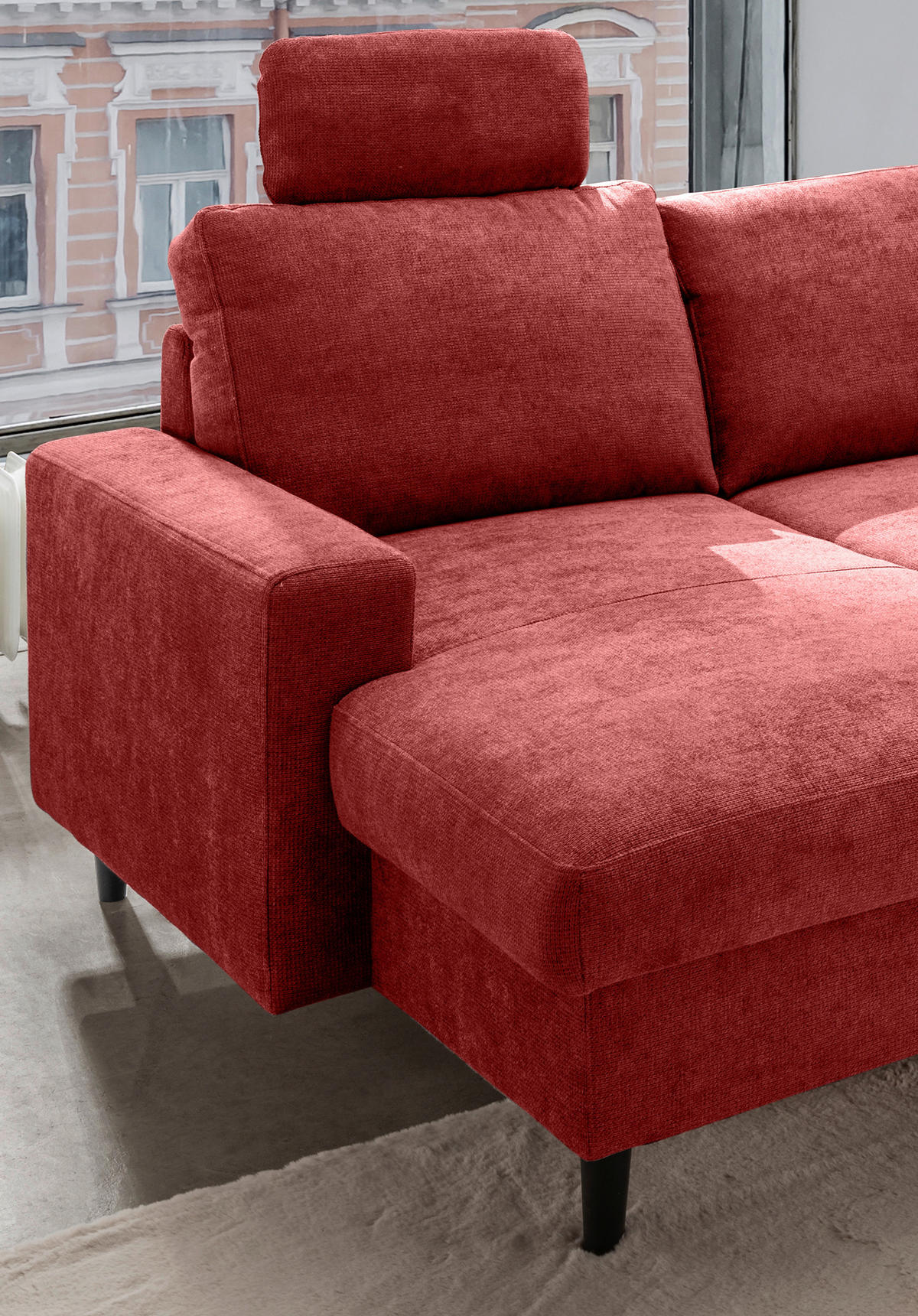 WOHNLANDSCHAFT in Chenille Rot  - Rot/Schwarz, Modern, Holz/Textil (153/305/200cm) - Livetastic