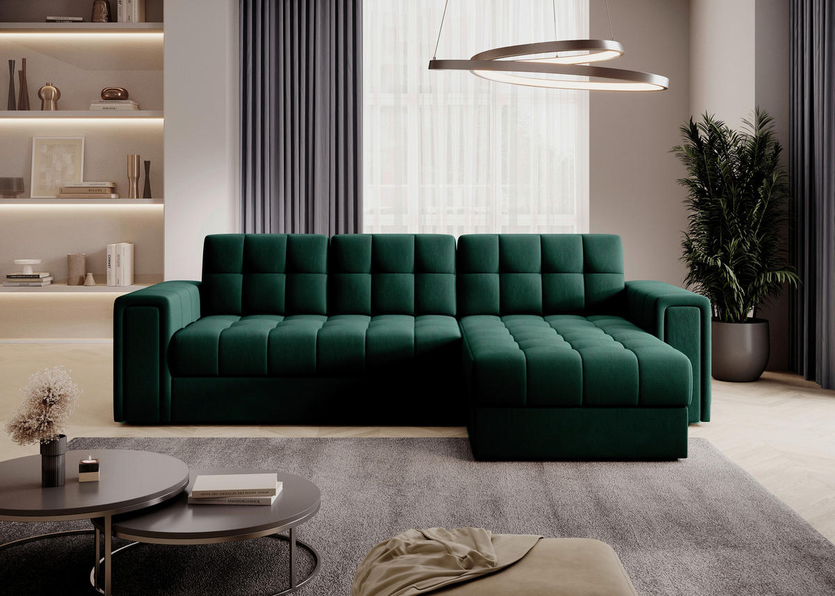 ECKSOFA Plüsch Grün  - Schwarz/Grün, Design, Kunststoff/Textil (260/150cm) - MID.YOU