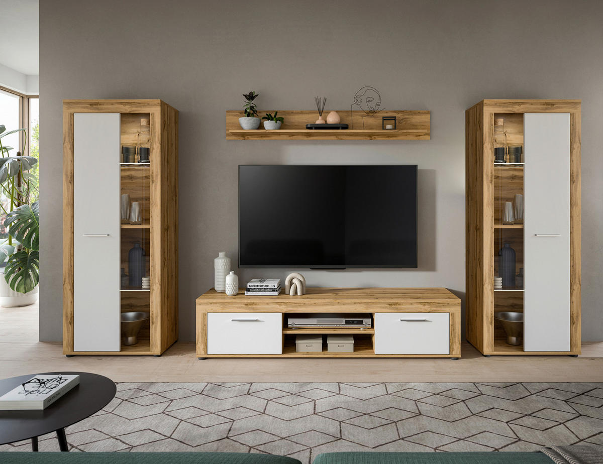 WOHNWAND 4-teilig  in Eiche Wotan  310/159/35 cm  - Silberfarben/Eiche Wotan, Design, Glas/Holzwerkstoff (310/159/35cm) - MID.YOU