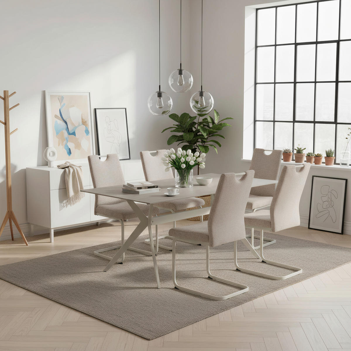 SCHWINGSTUHL-SET 4 Stück erweiterbar, mit Griff, ergonomische Rückenlehne Webstoff, Mikrofaser  - Beige/Creme, MODERN, Textil/Metall (45/98/59cm) - MID.YOU