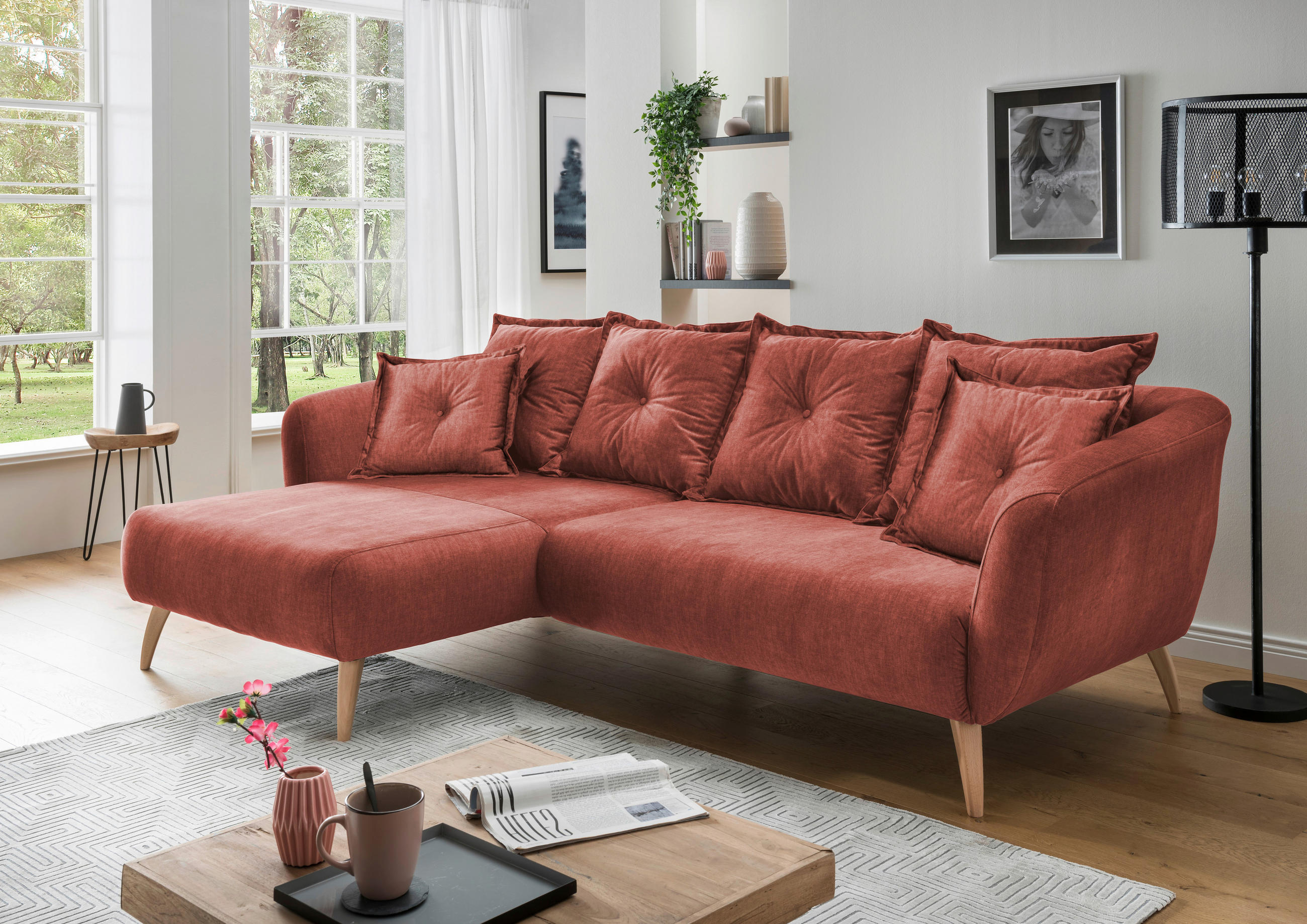 ECKSOFA Koralle Velours  - Koralle/Buchefarben, MODERN, Holz/Textil (162/277cm) - Livetastic