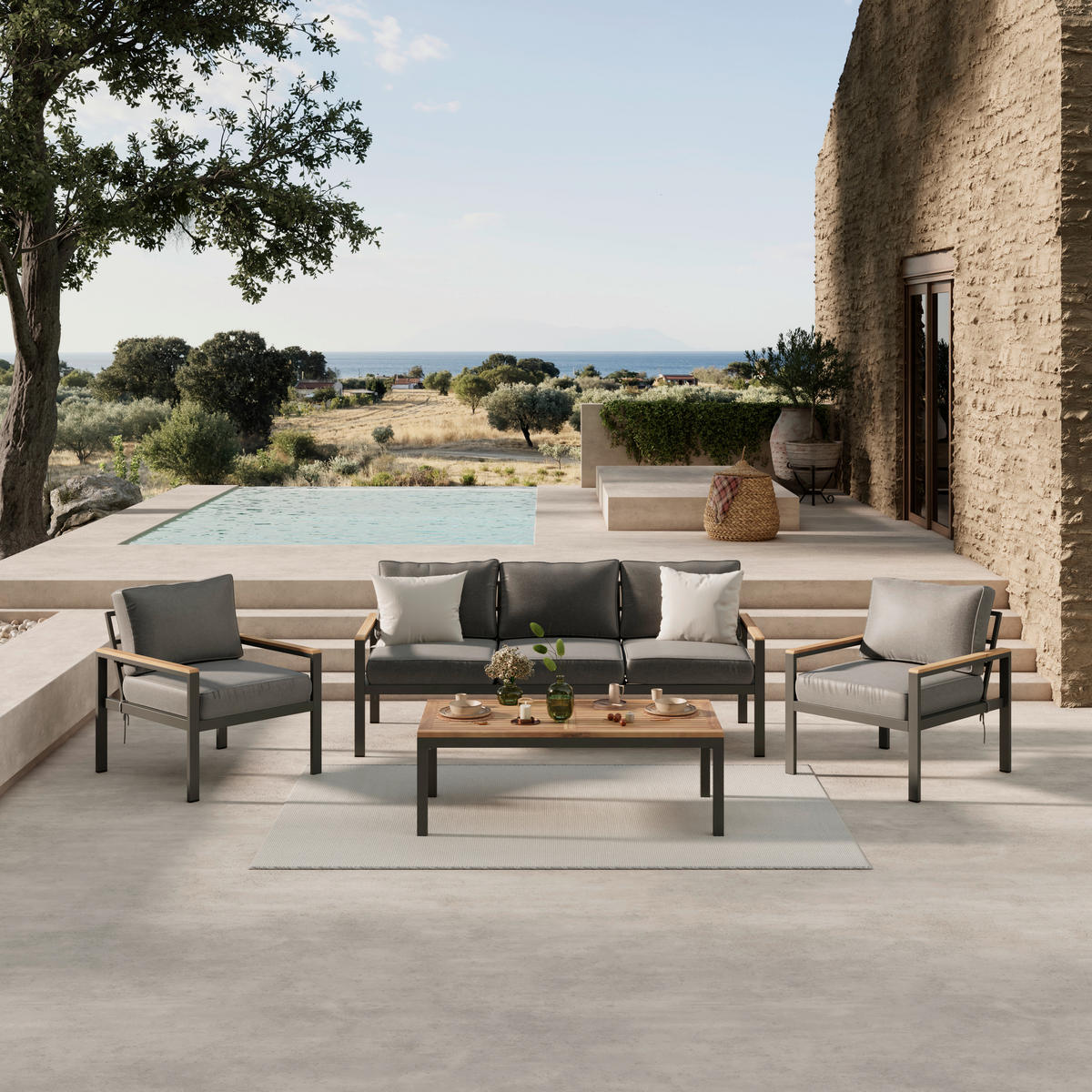 LOUNGEGARNITUR   Akazie vollmassiv Aluminium  - Schwarz/Akaziefarben, MODERN, Holz/Textil (191cm) - Ambia Garden