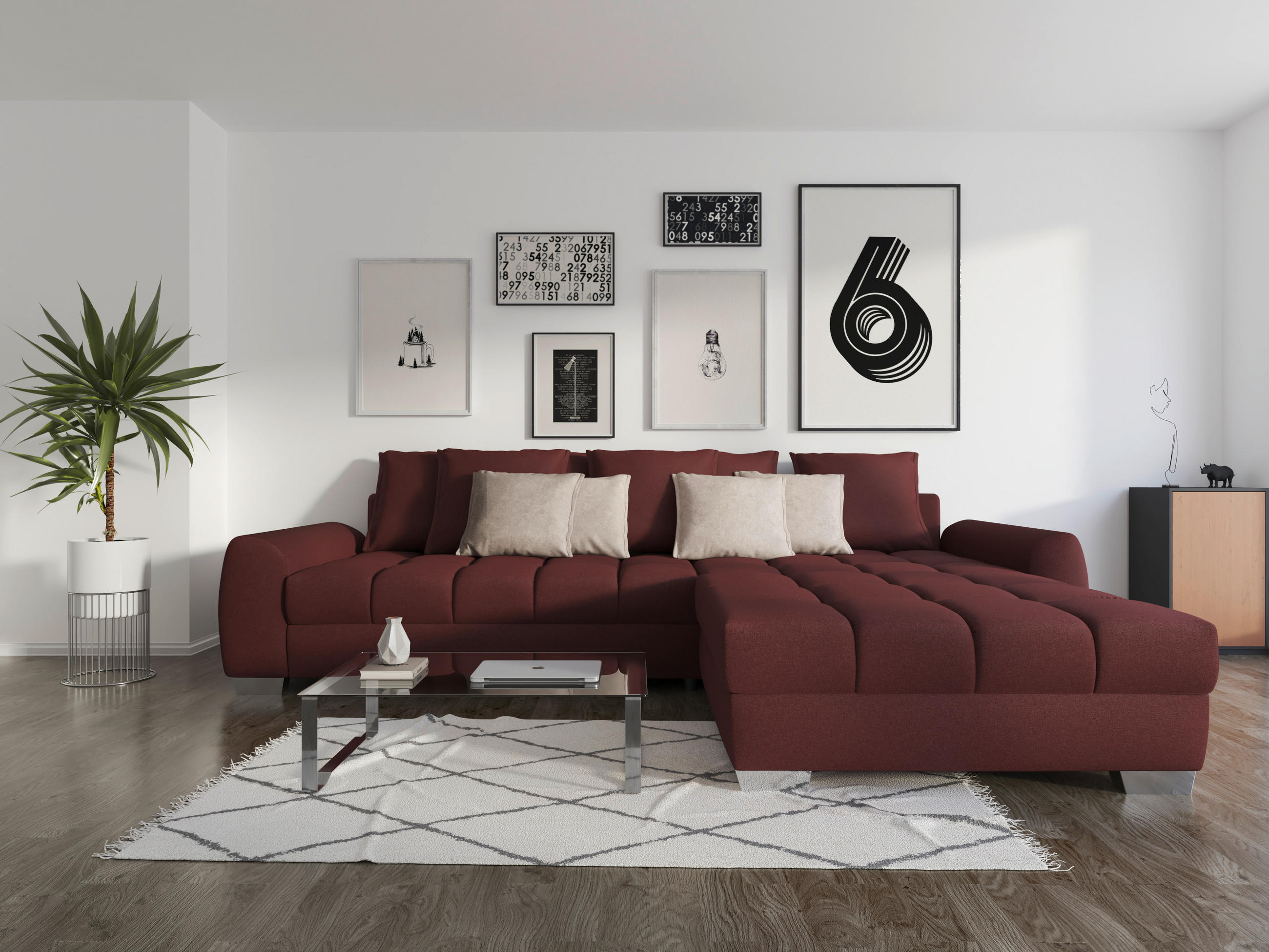 ECKSOFA in Mikrofaser Dunkelrot  - Chromfarben/Hellgrau, Design, Kunststoff/Textil (320/226cm) - Carryhome