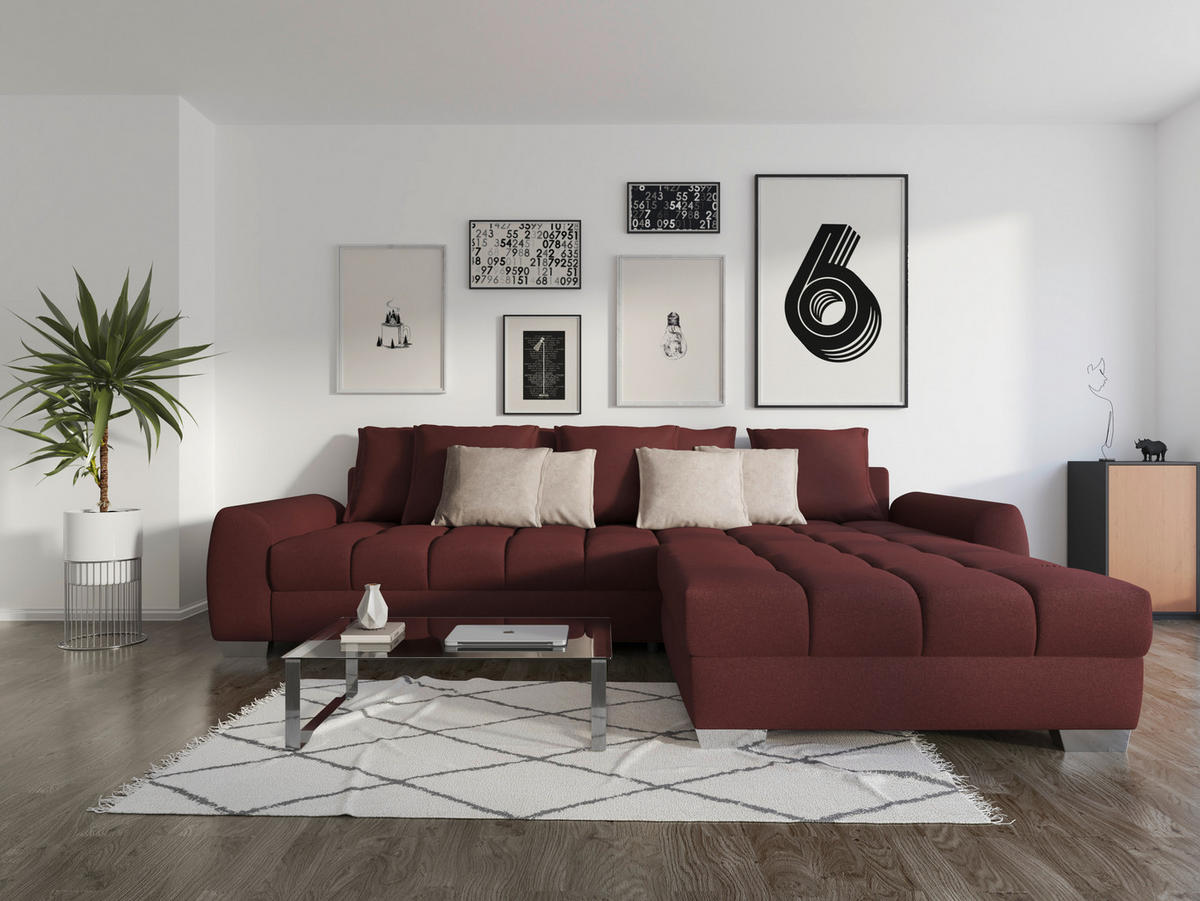 ECKSOFA in Mikrofaser Dunkelrot  - Chromfarben/Hellgrau, Design, Kunststoff/Textil (320/226cm) - Carryhome