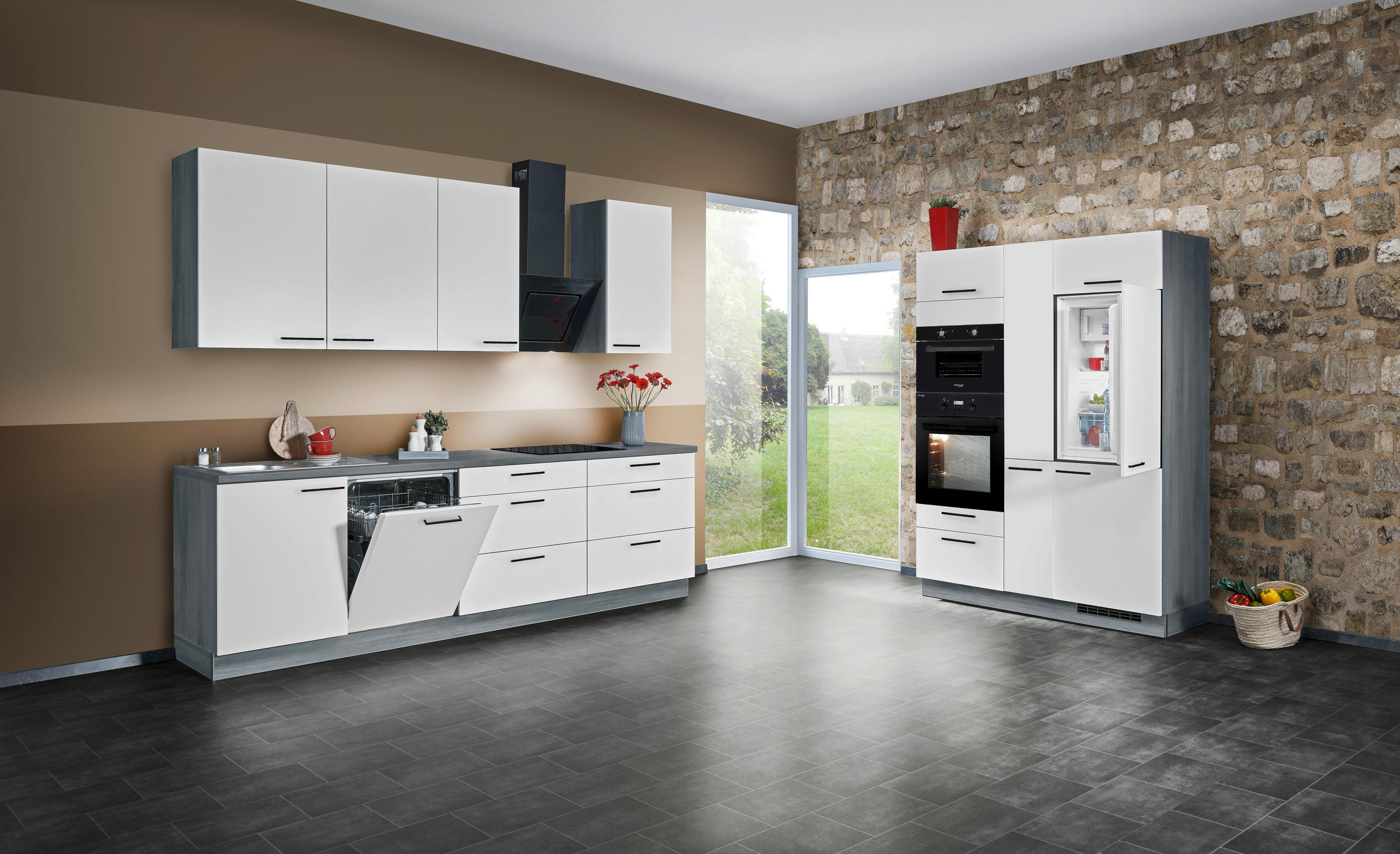 KÜCHENLEERBLOCK  280/150 cm  in Weiß, Eiche grau  - Edelstahlfarben/Eiche grau, Design, Holzwerkstoff/Metall (280/150cm) - Welnova