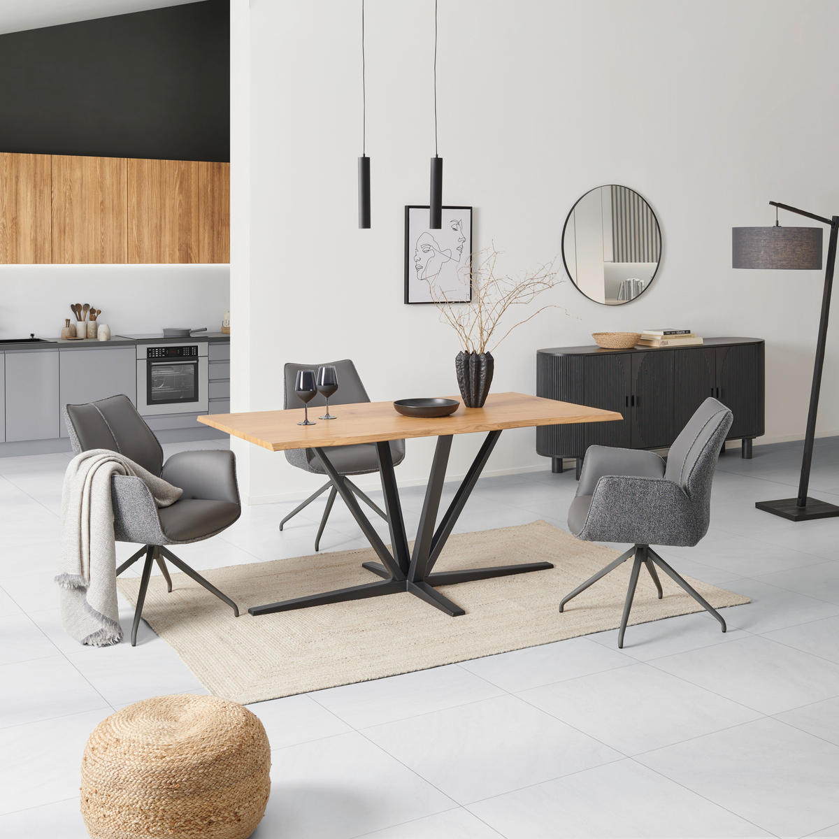 ESSTISCH rechteckig Schwarz, Eichefarben  - Eichefarben/Schwarz, MODERN, Holzwerkstoff/Metall (180/76/90cm) - MID.YOU