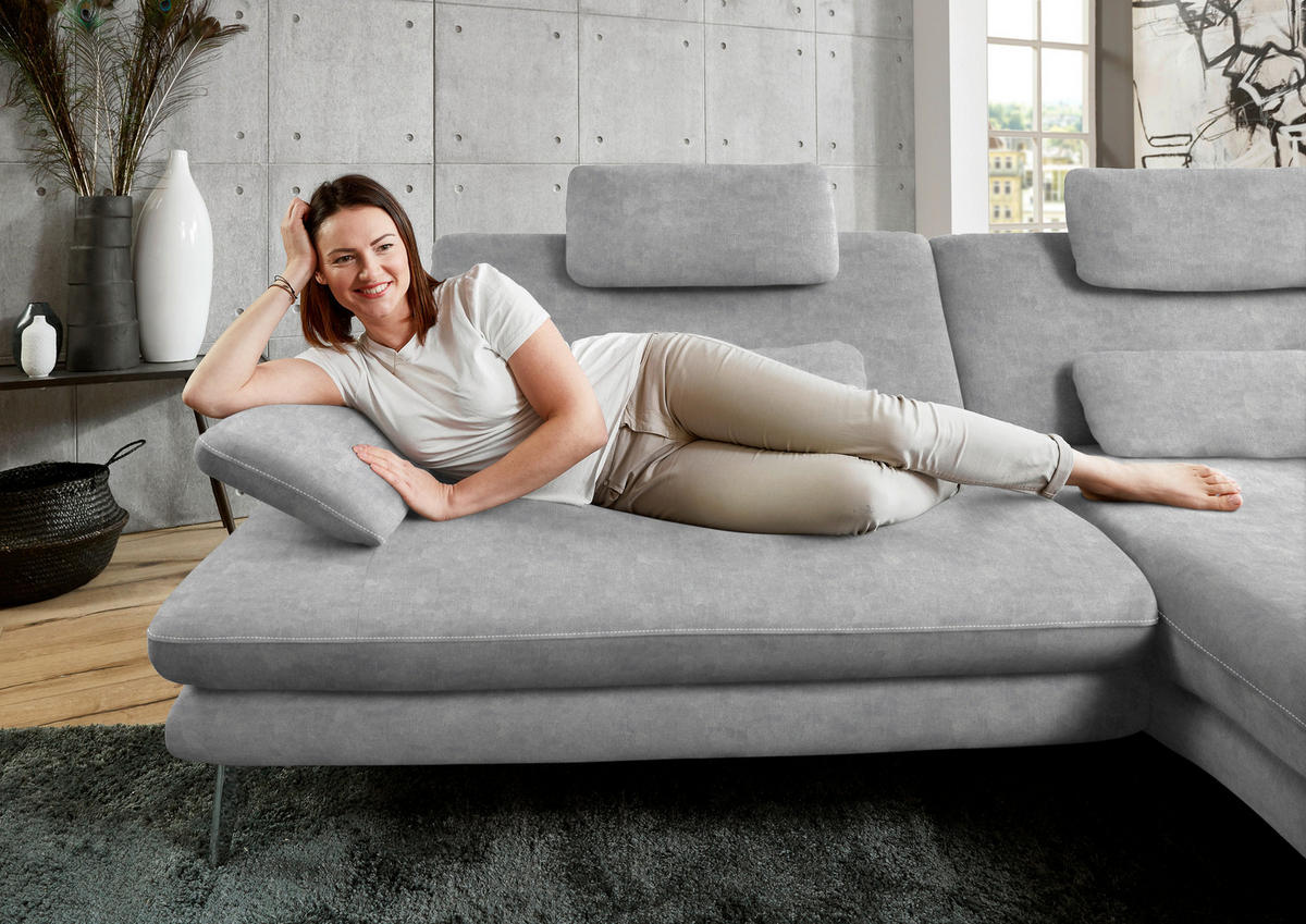 ECKSOFA in Velours Hellgrau  284/184 cm  - Hellgrau/Schwarz, Design, Textil/Metall (284/184cm) - Dieter Knoll