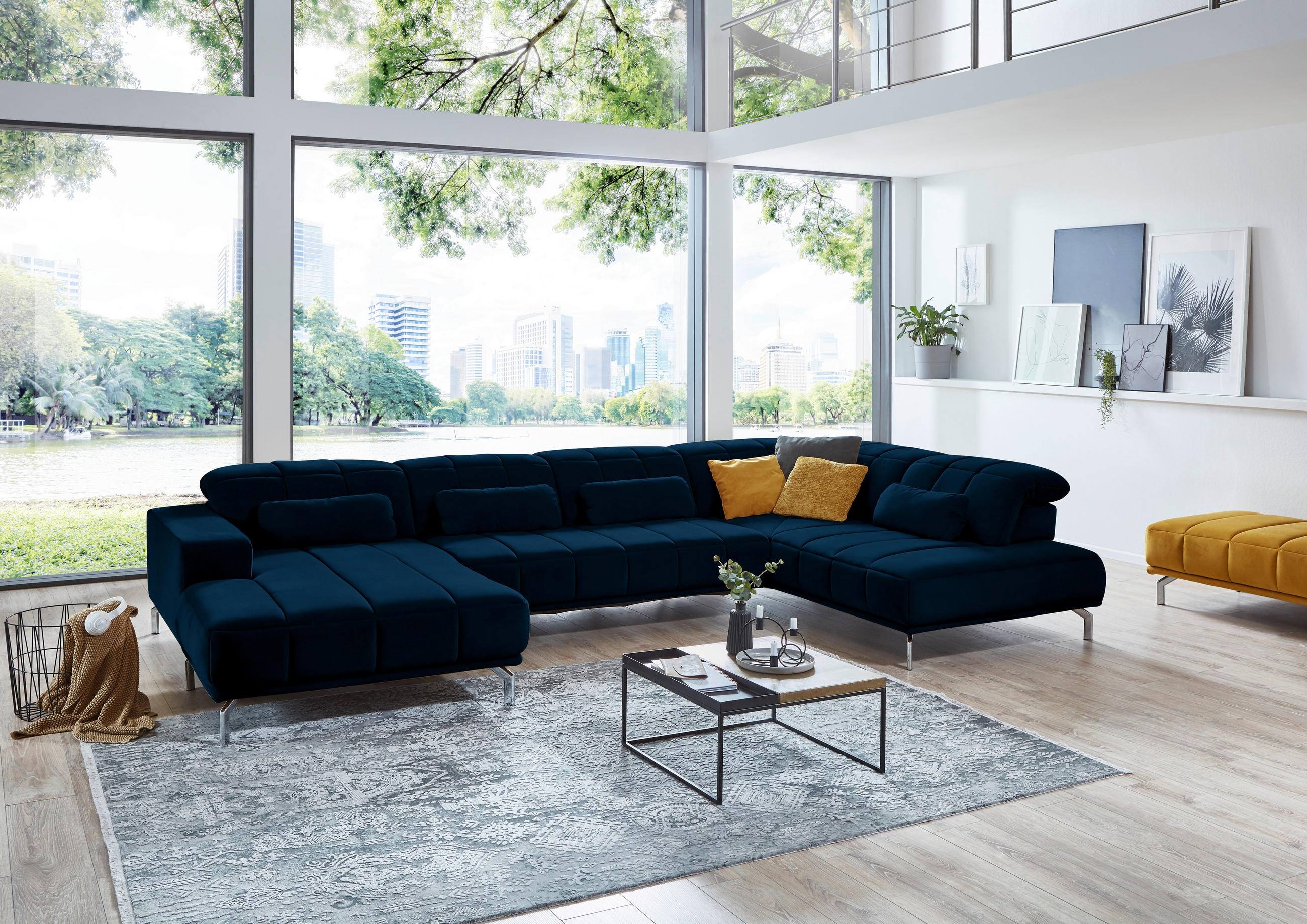 WOHNLANDSCHAFT in Velours Dunkelblau  - Schwarz/Dunkelblau, Design, Textil/Metall (195/383/219cm) - Beldomo Style