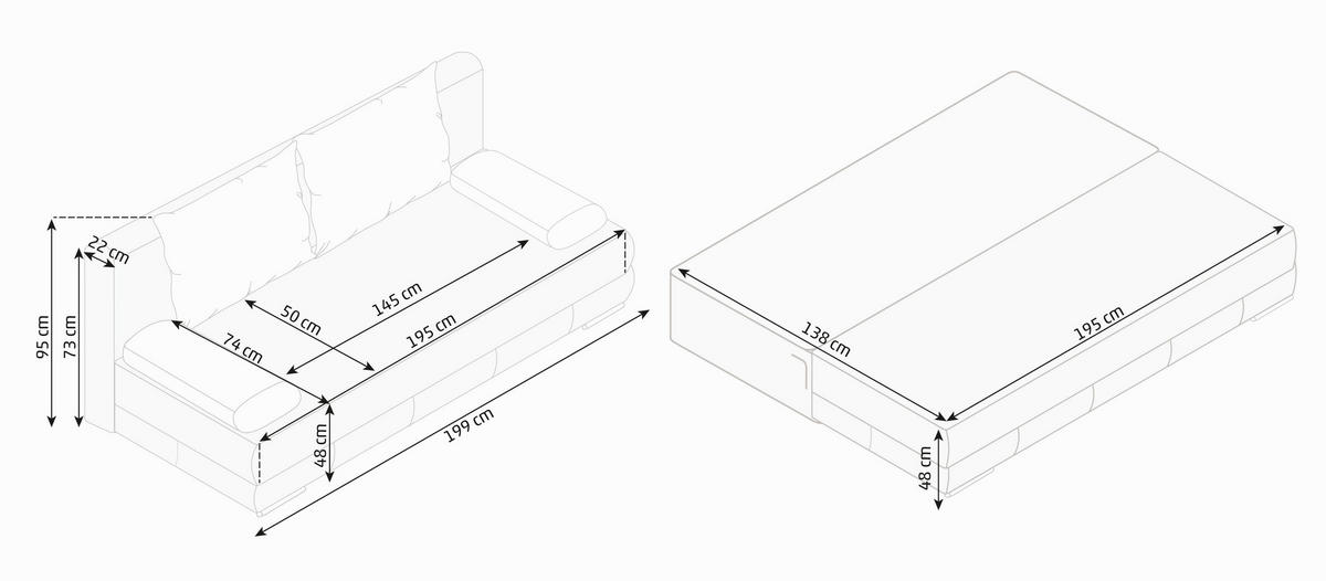 SCHLAFSOFA Webstoff Anthrazit  inkl. Rückenkissen, Armlehnenkissen, Bettkasten, Schlaffunktion, Rücken echt, Liegefläche im Originalstoff  - Edelstahlfarben/Anthrazit, KONVENTIONELL, Textil/Metall (199/95/97cm) - Carryhome
