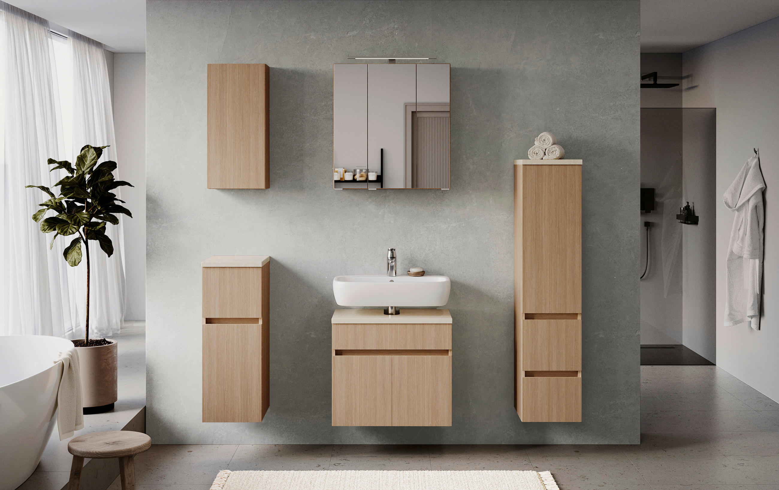 Thumbnail - Xora Midischrank Toulon, Eiche, Sand, Holzwerkstoff, 30x131x35 cm, Made in Germany, hängend, stehend, Badezimmer, Badezi...