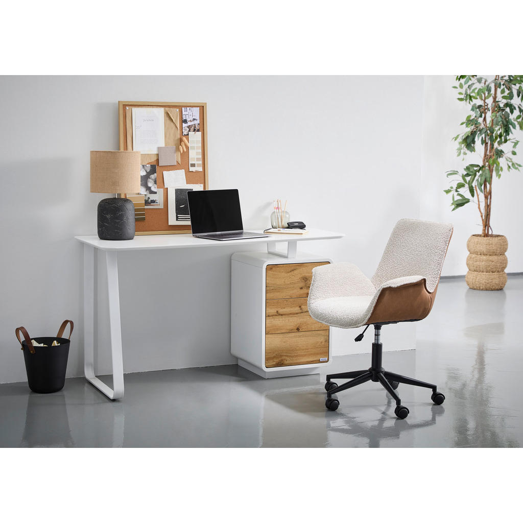 Thumbnail - Xora Schreibtisch, Weiß, Eiche, Metall, Holzwerkstoff, 3 Schubladen, Freiform, Flachrohr, 44-60x76x140 cm, Stauraum, Arb...