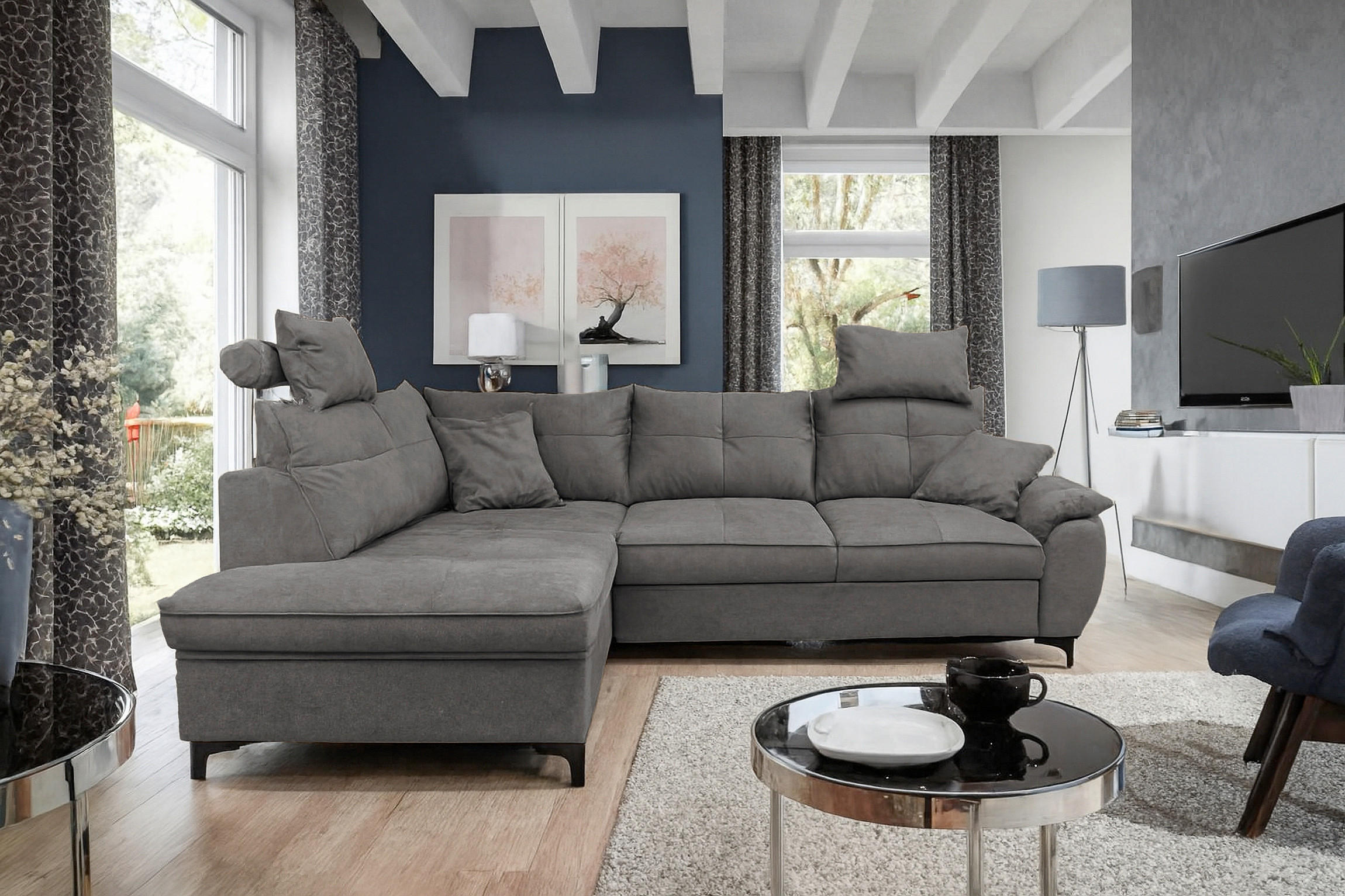 ECKSOFA SOLEI in Chenille Dunkelgrau  203/265 cm  - Dunkelgrau/Schwarz, Design, Kunststoff/Textil (203/265cm) - MID.YOU