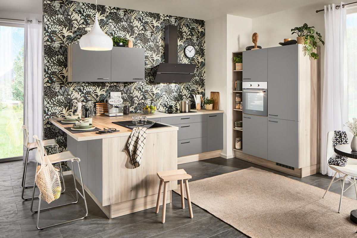 ECKKÜCHE  in Grau, Tannenholzfarben  - Tannenholzfarben/Schwarz, Design, Holzwerkstoff/Metall (121,6/280/150cm) - Xora