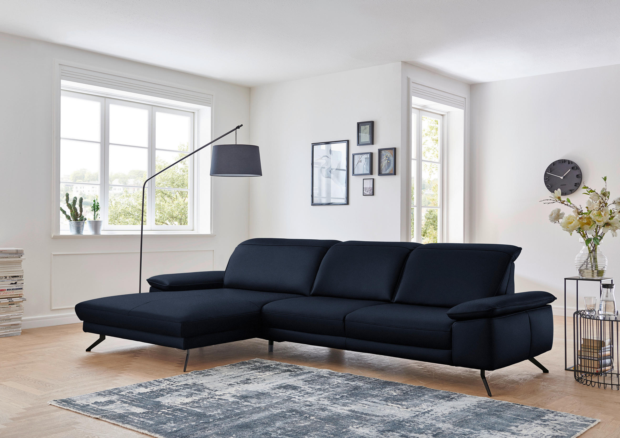 ECKSOFA in Echtleder Dunkelblau  - Schwarz/Dunkelblau, Design, Leder/Metall (193/328cm) - Dieter Knoll
