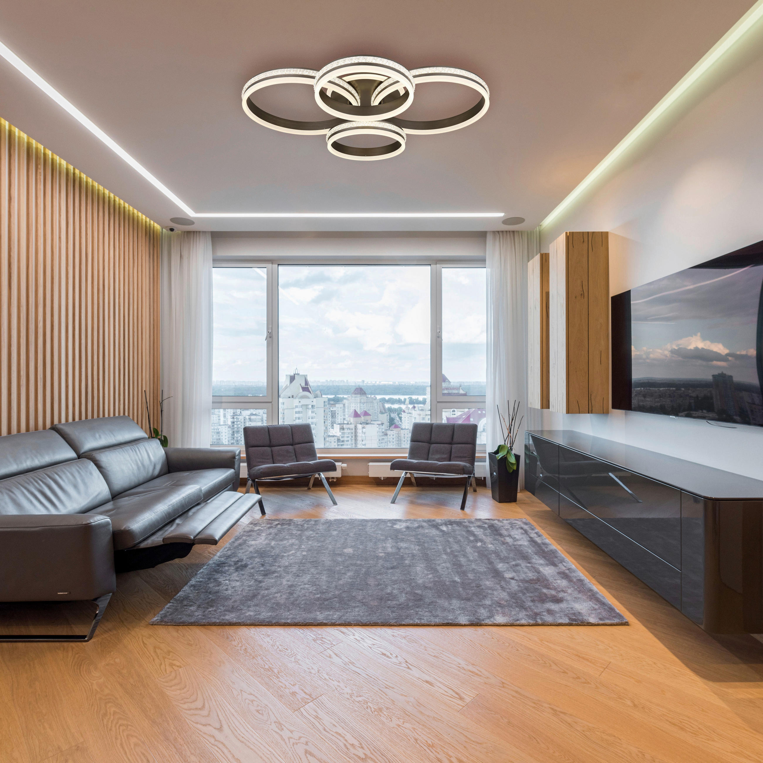 LED MENNYEZETI LÁMPA - titánszürke/opál, Design, műanyag/fém (85/68,5/15cm) - Globo