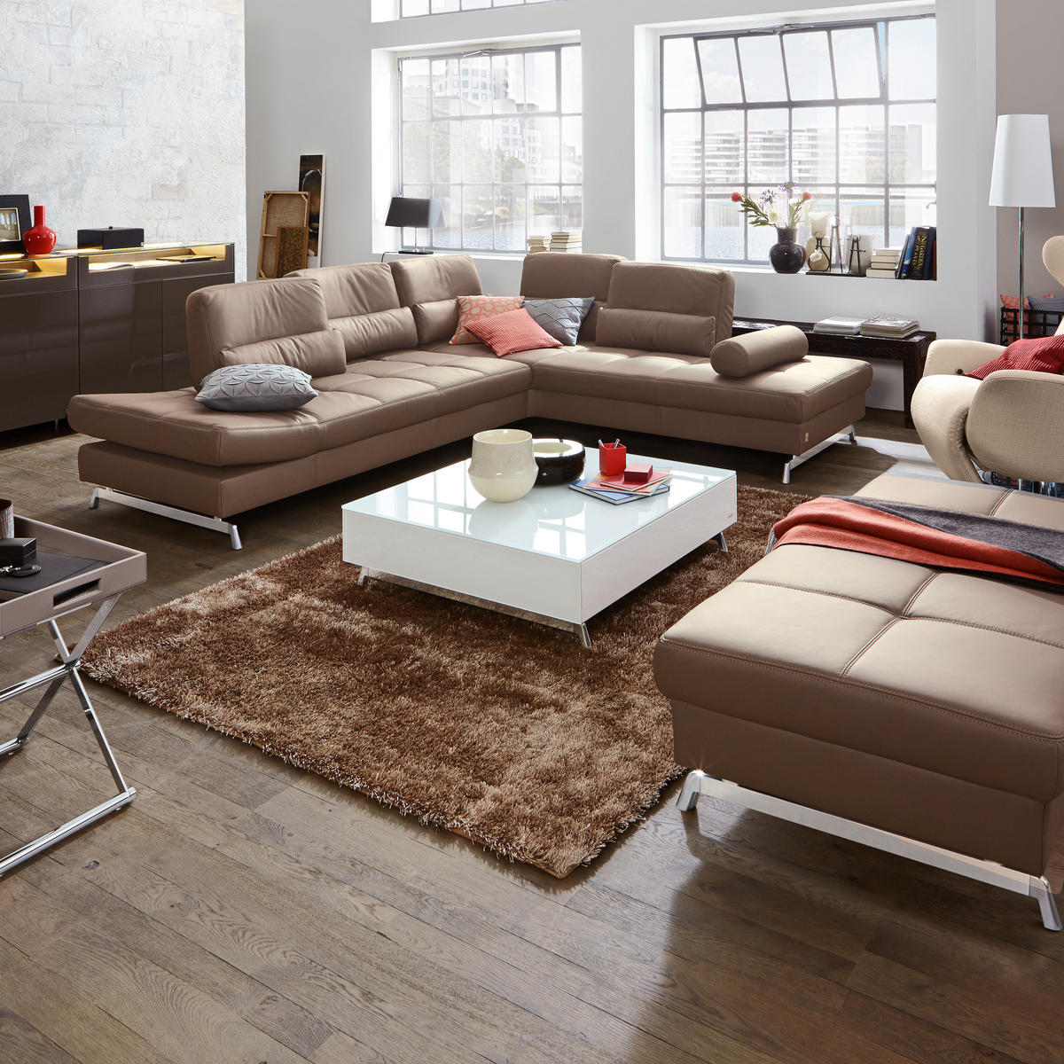 ECKSOFA in Echtleder Braun  299/250 cm  - Alufarben/Braun, Design, Leder/Metall (299/250cm) - Joop!