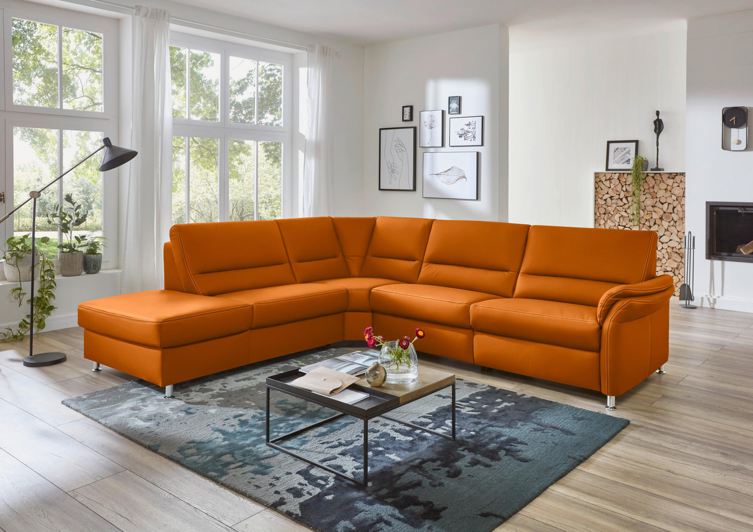 ECKSOFA in Echtleder Orange  - Beige/Alufarben, Design, Leder/Metall (249/288cm) - Beldomo Premium