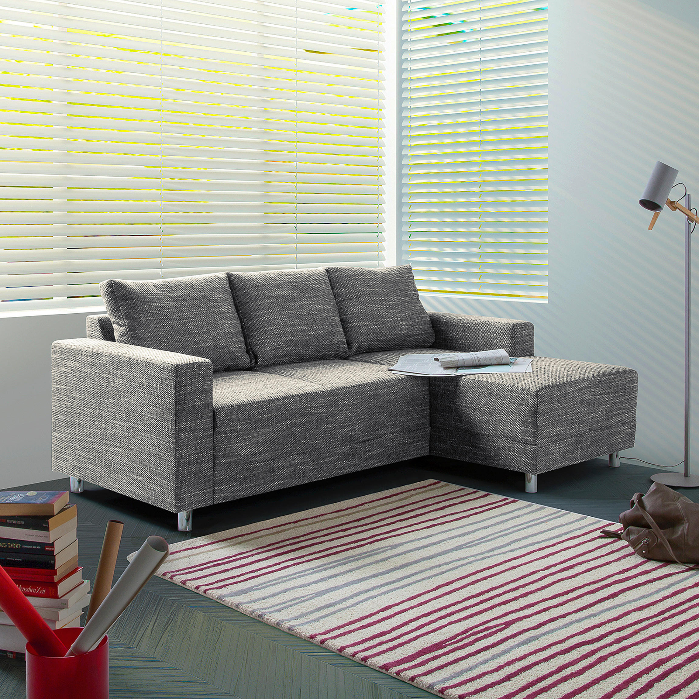 ECKSOFA Grau Struktur  - Chromfarben/Grau, Design, Textil/Metall (200/144cm) - MID.YOU