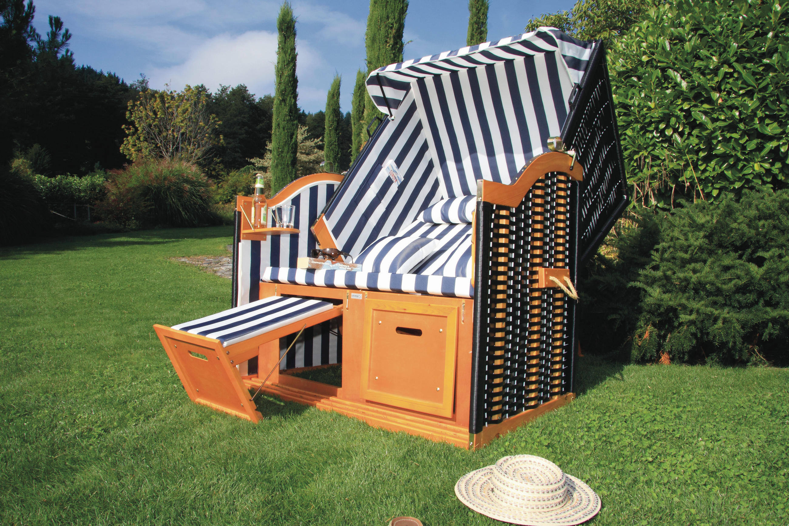 STRANDKORB - Blau/Weiß, Basics, Holz/Textil (116/160/72cm) - Acamp