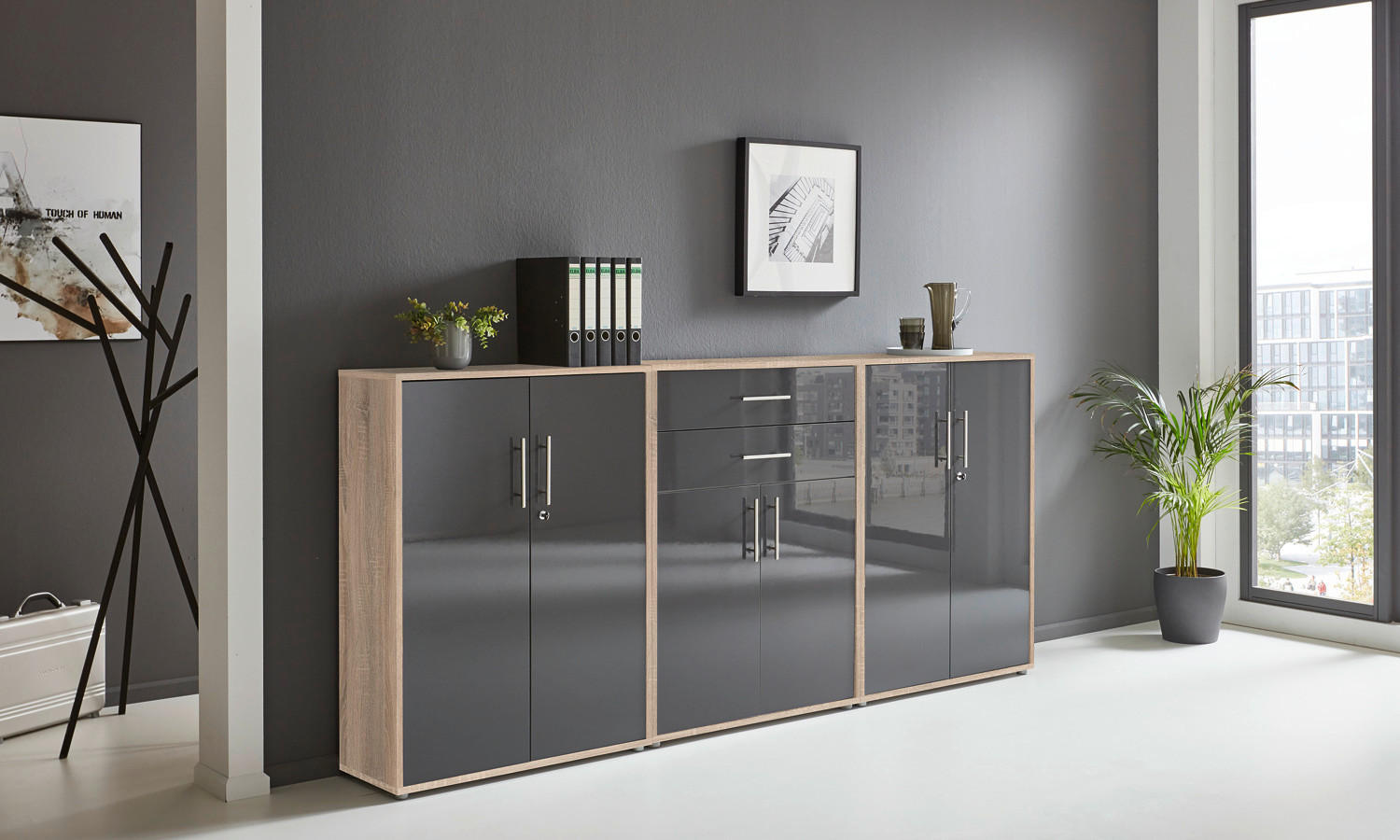 AKTENSCHRANK Sonoma Eiche, Anthrazit Hochglanz  - Anthrazit Hochglanz/Sonoma Eiche, MODERN, Holzwerkstoff (253,2/113,6/33cm) - MID.YOU