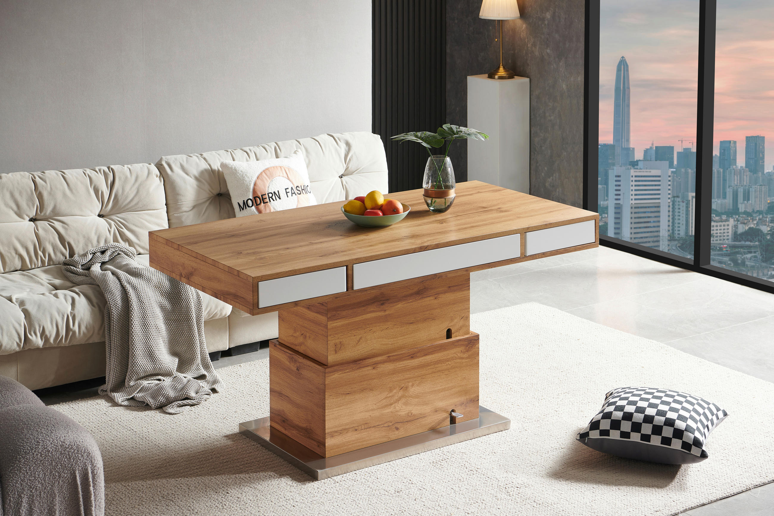 COUCHTISCH 140/70/48-77 cm rechteckig Weiß, Eichefarben  - Eichefarben/Weiß, Design, Holzwerkstoff/Metall (140/70/48-77cm) - Livetastic