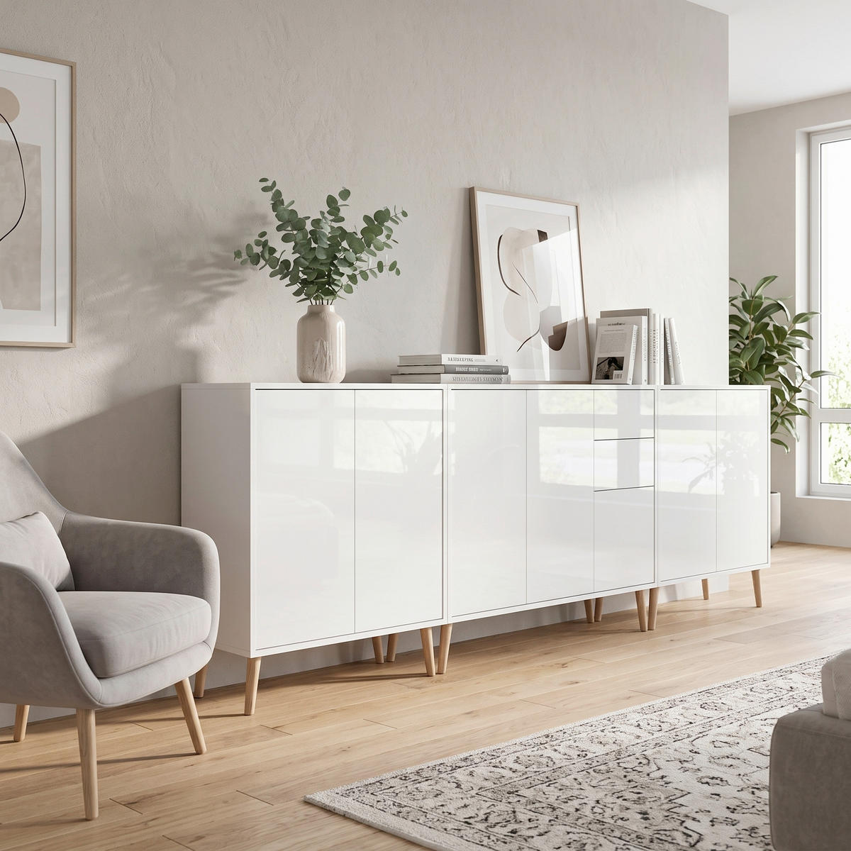 SIDEBOARD Mailand Set 6 + HF 263,5/86/33 cm 2 Schublade(n)  - Weiß Hochglanz/Weiß, MODERN, Holz/Holzwerkstoff (263,5/86/33cm) - MID.YOU