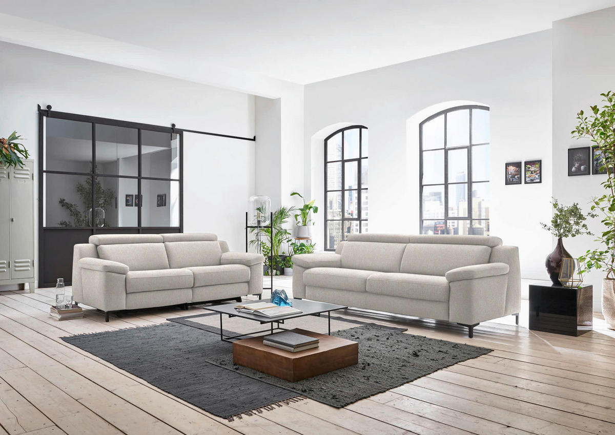 3-SITZER-SOFA in Chenille Ecru  - Ecru/Schwarz, Design, Textil/Metall (230/104/104cm) - Valdera
